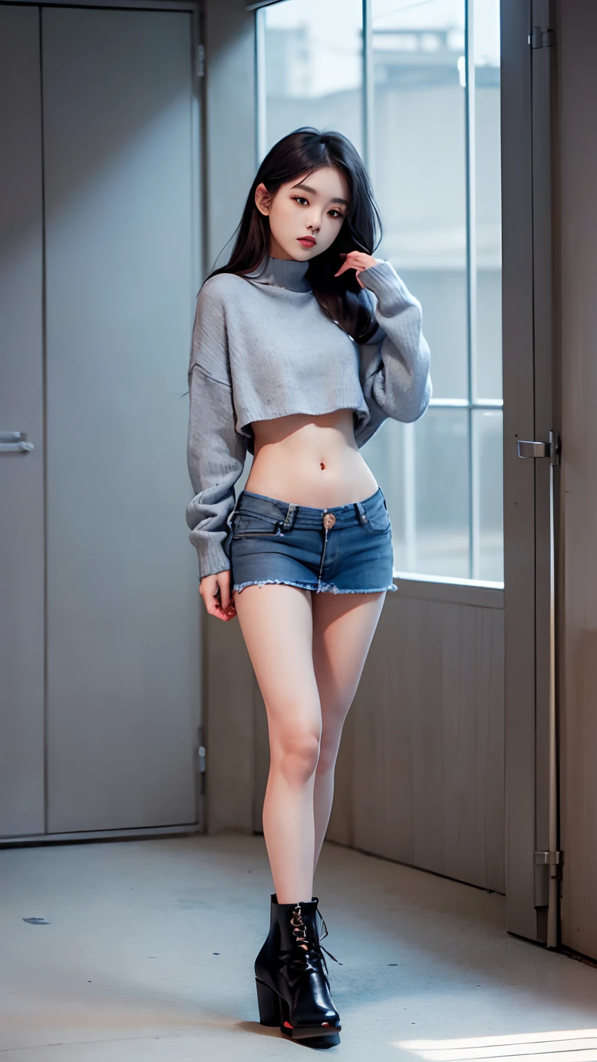 Slender Asian girl, Kpop Idol, ((gymnast)), ((of the highest quality, 8K, masutepiece: 1.3)), Crisp focus: 1.2, Beautiful woman with perfect figure: 1.4, Highly detailed face and skin texture, Detailed eyes, skinny, Beautiful face, Symmetrical face, full-length, ((wide open abdomen))、((open abdomen))、((wide open navel))、((open navel))、((Bare belly))、((Mid-Riff Sweater))、((Ultra-low rise、Denim Mini Skirt))、 ((Navel Ejection))、((small hips))、((Full body depiction))、((small hip))、(boots)、((Ultra-low rise))、 ((Denim Mini Skirt))、((is standing))、