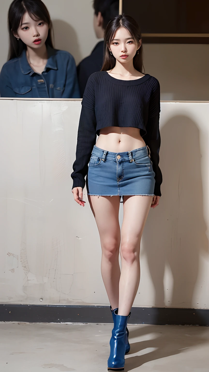 Slender Asian girl, Kpop Idol, ((gymnast)), ((of the highest quality, 8K, masutepiece: 1.3)), Crisp focus: 1.2, Beautiful woman with perfect figure: 1.4, Highly detailed face and skin texture, Detailed eyes, skinny, Beautiful face, Symmetrical face, full-length, ((wide open abdomen))、((open abdomen))、((wide open navel))、((open navel))、((Bare belly))、((Mid-Riff Sweater))、((Ultra-low rise、Denim Mini Skirt))、 ((Navel Ejection))、((small hips))、((Full body depiction))、((small  hip))、(boots)、((Ultra-low rise))、 ((Denim Mini Skirt))、((is standing))、