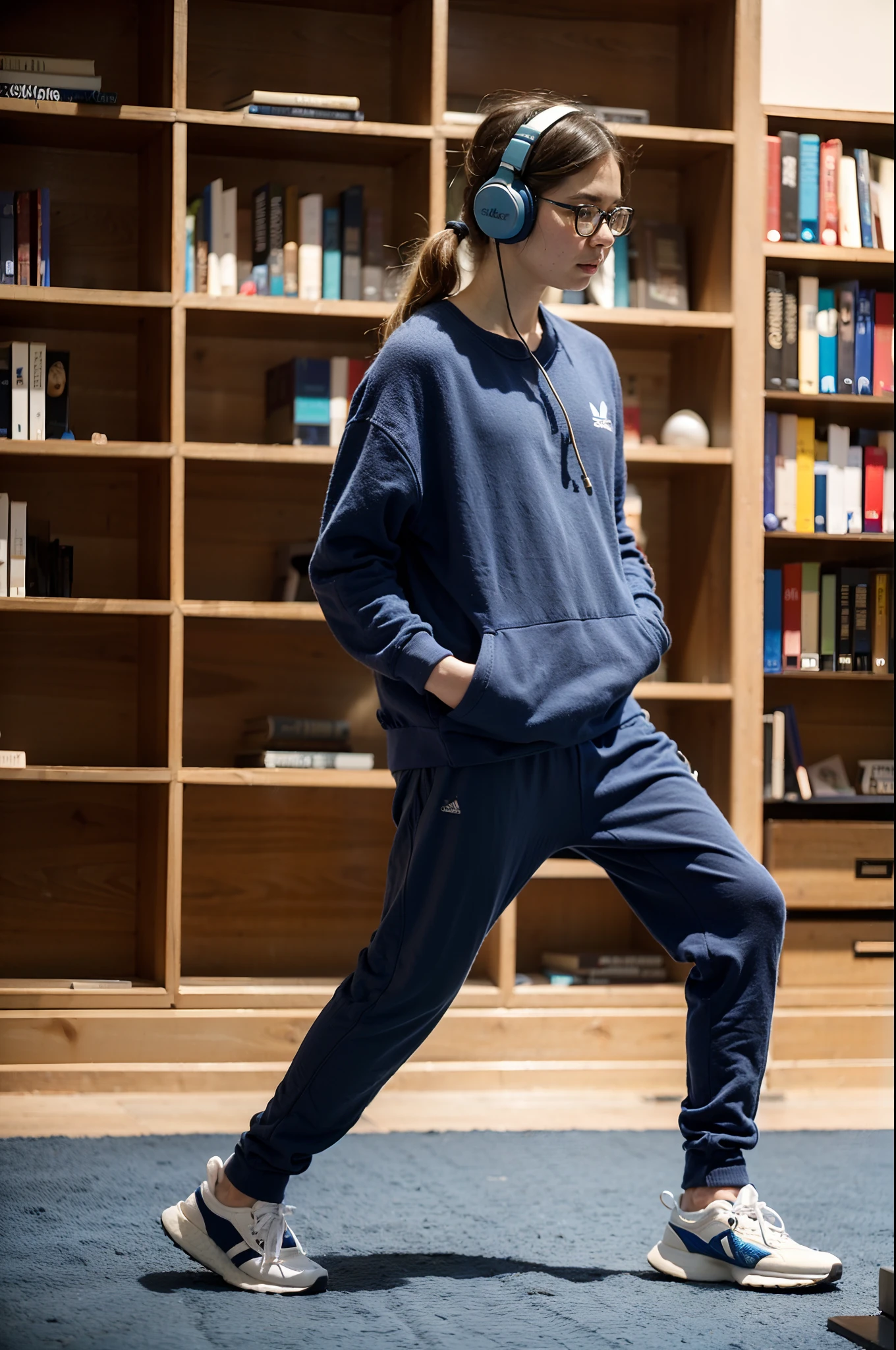 Wear headphones、Take your eyes off、Depiction peeking into a bookshelf、Pulling photo、Feeling like sitting、Blue Adidas Sports Jersey、Brown Knitwear、Soio、Posing with movement、a blond、Depiction of choosing a book in a bookstore、Theme from the side、Walking Pose、Young European beauties、Wide dark blue pants、White sneakers、
