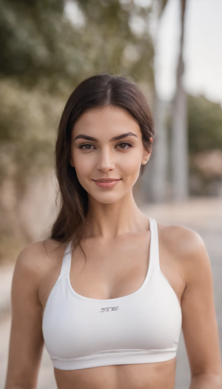 The picture features a beautiful young Portugese woman wearing a white sports bra and black shorts, posing for a photo. She is standing in front of a  car, and her smile suggests that she is enjoying the moment. The image captures her confidence and attractiveness, showcasing her fitness and style.