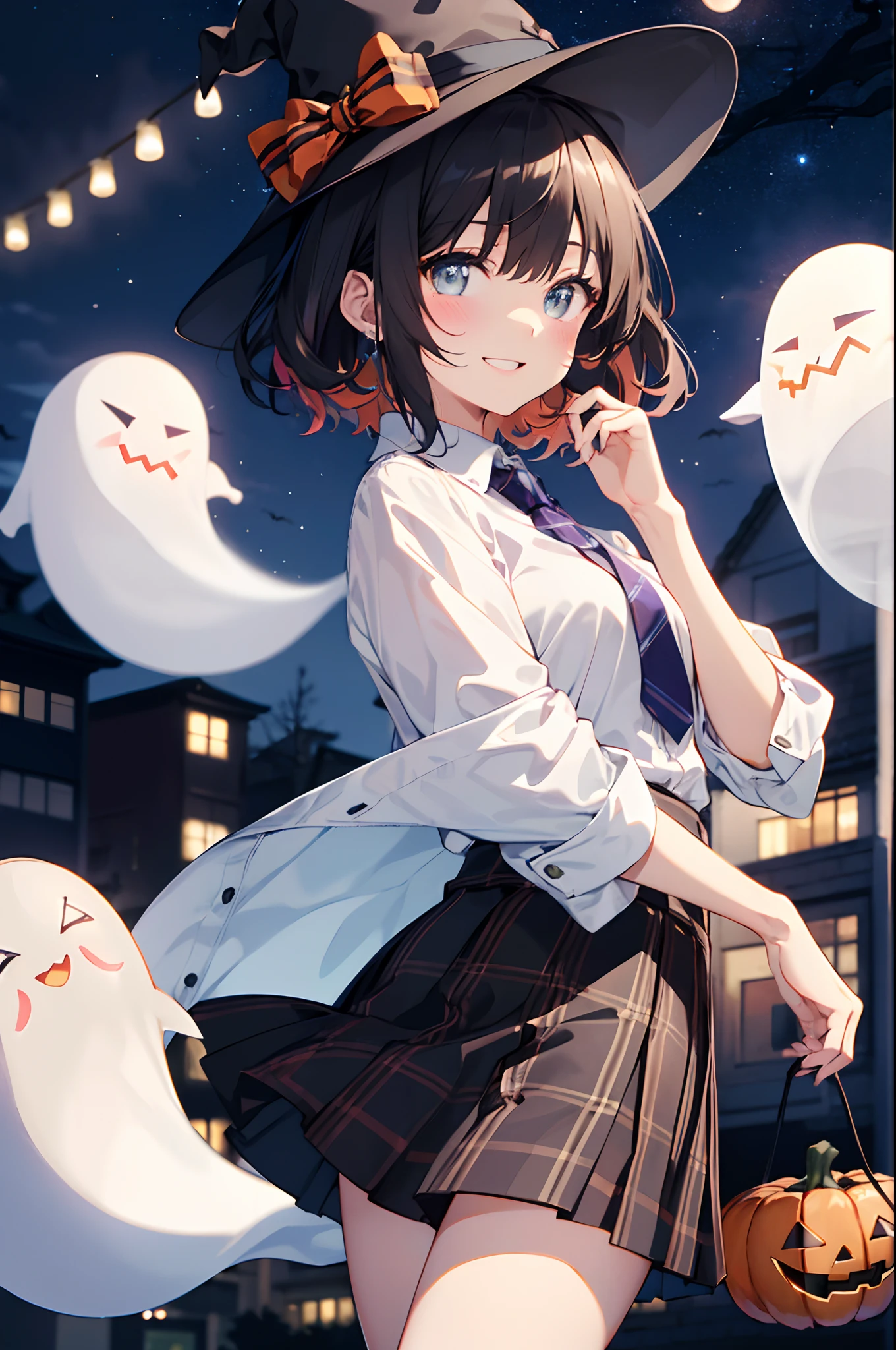 (top-quality、in 8K、32K、masterpiece、nffsw、超A high resolution、Impresionismo、Photorealsitic:1.2)、cowboy shot、foco nítido、detailed faces and eyes、(Tokyo at night、Halloween Decorations、The ghost is flying、Ghost pumpkin、Very colorful、Vivid Color:1.2)、(Very colorful night sky、Colorful ghosts flying in the sky)、Sharp pupils、Realistic pupils、beauitful face、blurry backround、18 year old beautiful girl、shinny skin、Bery short hair、Beautiful dark brown hair、Blunt bangs、Dark blue eyes、Wizard Hat、cloaks、Shirt、Halloween tie、Plaid miniskirt、Black socks、(Holding a skirt in your right hand、Lifting skirt:1.3)、(Raise your left arm)、(Happy expression on face:1.2)、dynamicposes