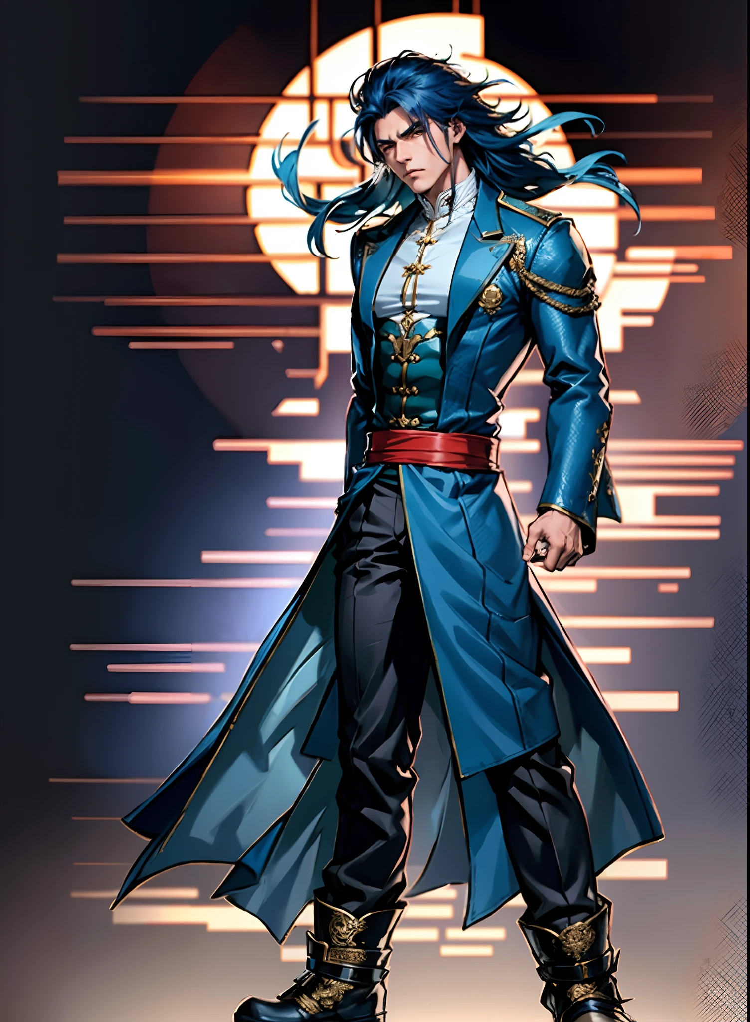 A young man with long slate-blue hair, disheveled and flying hair, sharp gaze, a resolute countenance, he has a mixed West Asian and Eastern European appearance, a fantasy wuxia-style tight-fitting trench coat robe, with a flowing hem, the color scheme is mainly white, with red and white-blue as secondary colors, dark trousers, thick cloth boots, he stands in a majestic posture, while the surrounding space shatters and ruptures with energy, this character embodies a finely crafted fantasy-style Chinese martial hero in anime style, characterized by an exquisite and mature manga illustration art style, high definition, best quality, highres, ultra-detailed, ultra-fine painting, extremely delicate, professional, anatomically correct, symmetrical face, extremely detailed eyes and face, high quality eyes, creativity, RAW photo, UHD, 8k, Natural light, cinematic lighting, masterpiece:1.5