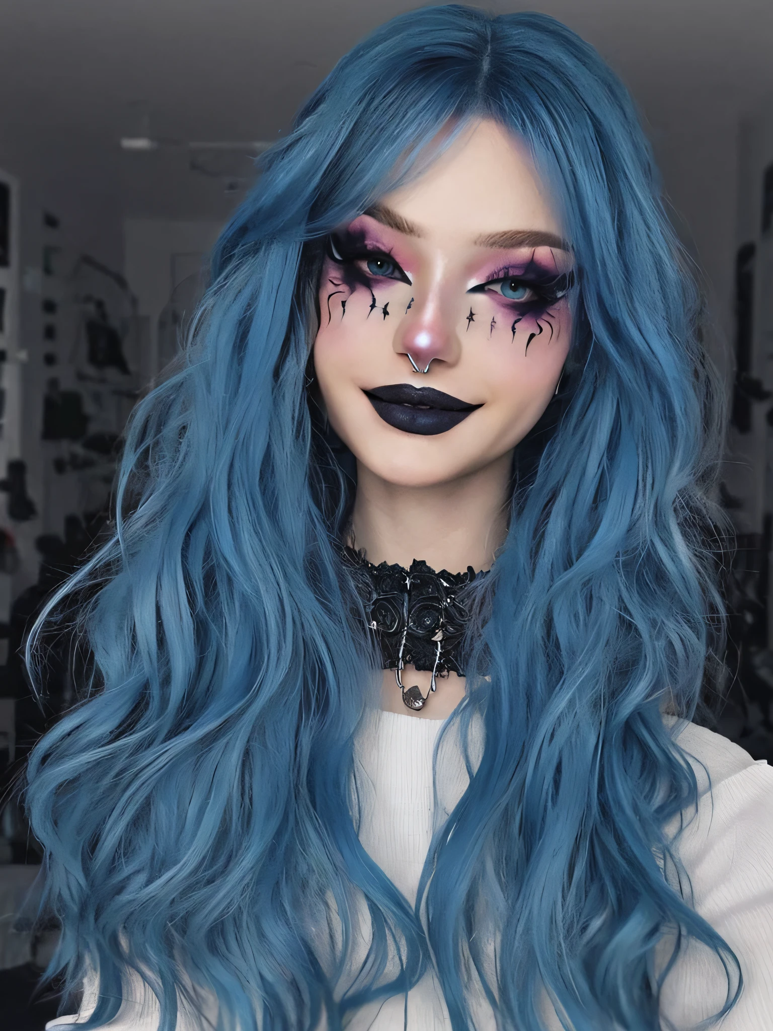 1girl,,egirlmakeup,smile,avatar \(ff14\),,egirlmakeup,long hair, blue hair,