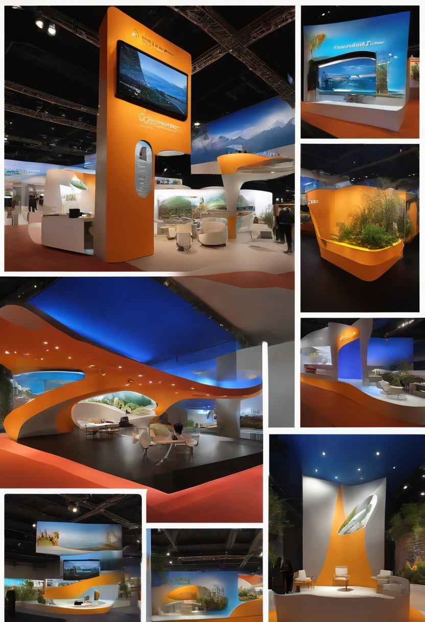 modern, stylish, exhibition stand, agricultural fair, ecological materials, innovative design, interactive displays, sustainable concept, vibrant colors, spacious layout, natural elements, greenery, energy-efficient lighting, cutting-edge technology, comfortable seating, informative signage, immersive experience, high-quality craftsmanship, attention to detail, seamless integration, captivating visuals, state-of-the-art equipment, engaging atmosphere, visitor interaction, functional and practical, eco-friendly, forward-thinking design, attention-grabbing centerpiece, panoramic views, minimalistic aesthetic, creative use of space, organic shapes, recyclable materials, seamless transitions, advanced audiovisual systems.