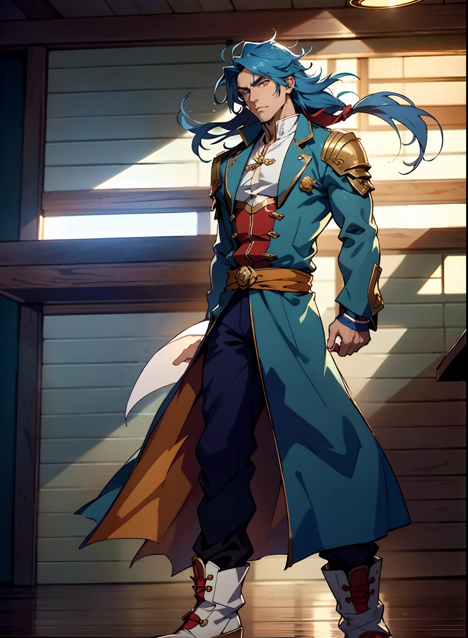 A young man with long slate-blue hair, disheveled and flying hair, sharp gaze, a resolute countenance, he has a mixed West Asian and Eastern European appearance, a fantasy wuxia-style tight-fitting trench coat robe, with a flowing hem, the color scheme is mainly white, with red and white-blue as secondary colors, dark trousers, thick cloth boots, he stands in a majestic posture, while the surrounding space shatters and ruptures with energy, this character embodies a finely crafted fantasy-style Chinese martial hero in anime style, characterized by an exquisite and mature manga illustration art style, high definition, best quality, highres, ultra-detailed, ultra-fine painting, extremely delicate, professional, anatomically correct, symmetrical face, extremely detailed eyes and face, high quality eyes, creativity, RAW photo, UHD, 8k, Natural light, cinematic lighting, masterpiece:1.5