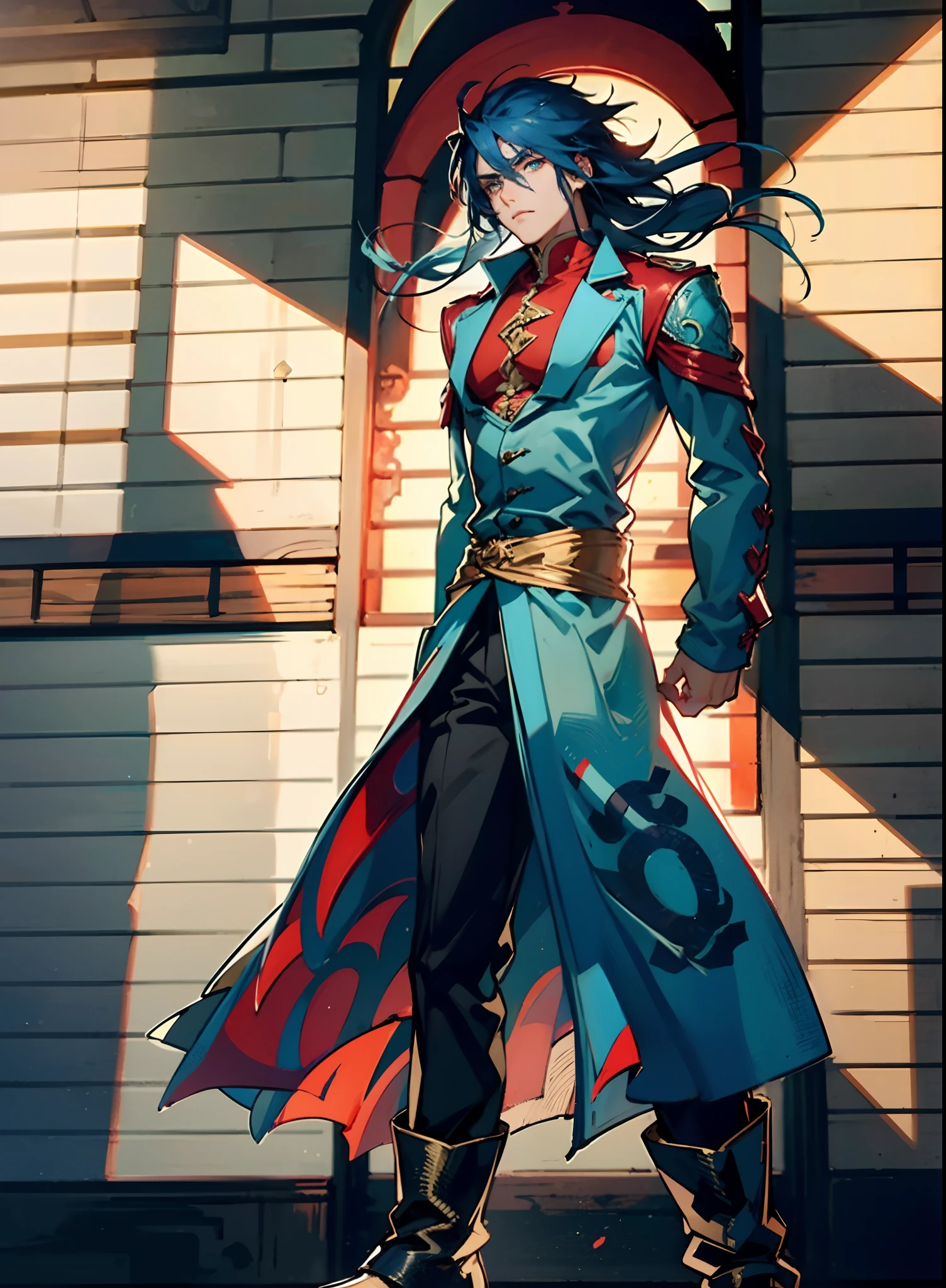 A young man with long slate-blue hair, disheveled and flying hair, sharp gaze, a resolute countenance, he has a mixed West Asian and Eastern European appearance, a fantasy wuxia-style tight-fitting trench coat robe, with a flowing hem, the color scheme is mainly white, with red and white-blue as secondary colors, dark trousers, thick cloth boots, he stands in a majestic posture, while the surrounding space shatters and ruptures with energy, this character embodies a finely crafted fantasy-style Chinese martial hero in anime style, characterized by an exquisite and mature manga illustration art style, high definition, best quality, highres, ultra-detailed, ultra-fine painting, extremely delicate, professional, anatomically correct, symmetrical face, extremely detailed eyes and face, high quality eyes, creativity, RAW photo, UHD, 8k, Natural light, cinematic lighting, masterpiece:1.5