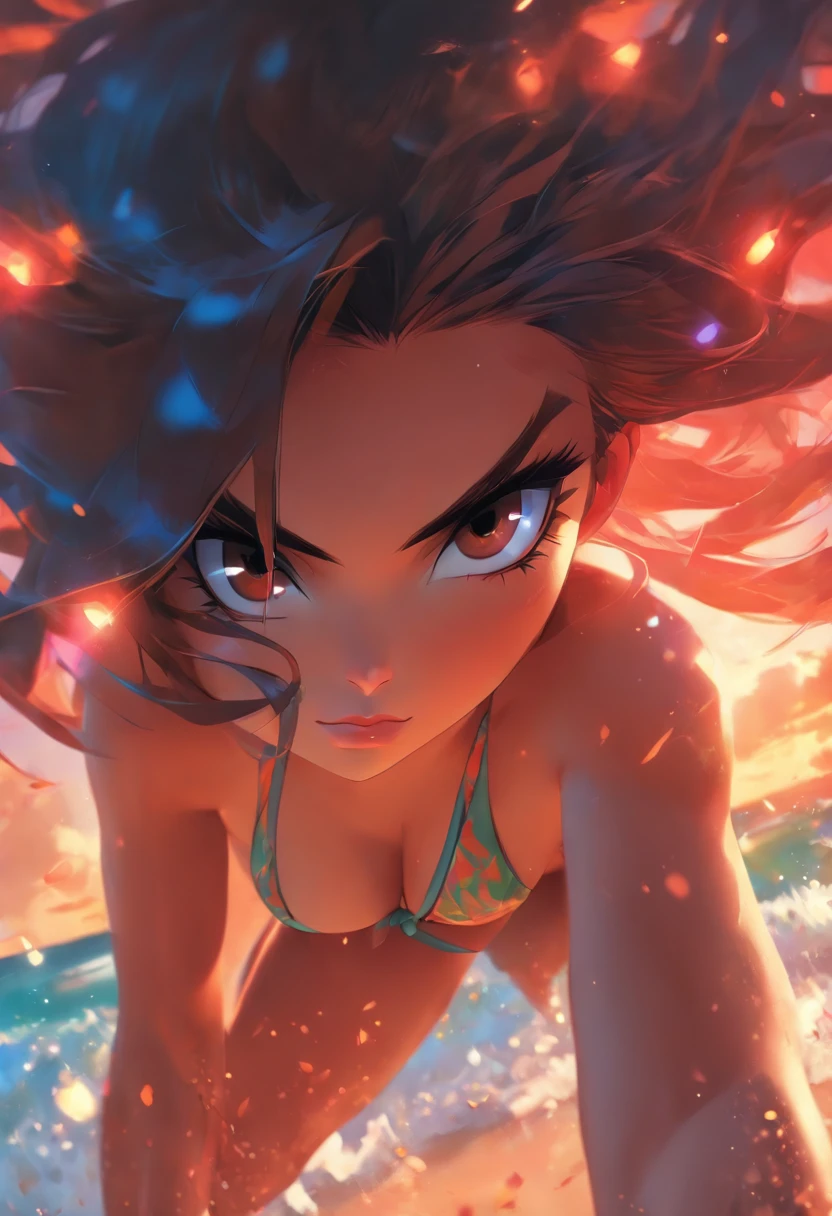 a close up of a woman in a bikini with dark brown hair and brown eyes, beach background, baarle and rossdraws, artgerm and lois van baarle, artgerm and rossdraws, rossdraws cartoon vibrant, beautiful succubus, ross tran style, rossdraws 2. 5, inspired by Ross Tran, halloween art style, extremely detailed artgerm