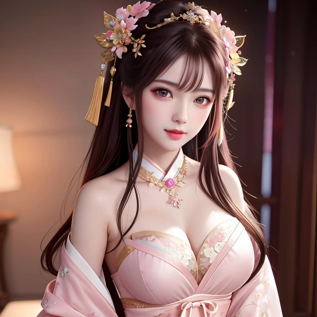 best quality, masterpiece, highres, 1girl,blush,(seductive smile:0.8),star-shaped pupils,sexy china hanfu in pink, princess, very luxury, hair ornament,necklace, jewelry,Beautiful face, the chest is open, showing underwear, wearing tube top, beautiful breasts, upon_body, tyndall effect,photorealistic, dark studio, rim lighting, two tone lighting,(high detailed skin:1.2), 8k uhd, dslr, soft lighting, high quality, volumetric lighting, candid, Photograph, high resolution, 4k, 8k, Bokeh