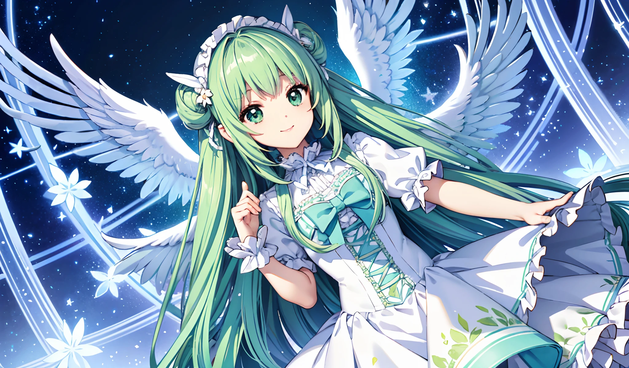 Big big wings of angels shining in seven colors、1 kawaii girl、adorable smiling、Light blue long hair、Twin-tailed、Colorful angel costume in white and green ta style with lots of frills、((top-quality))、((​masterpiece))、(ighly detailed、highestdetailed、Official art、Beautifully Aesthetic:1.2)
