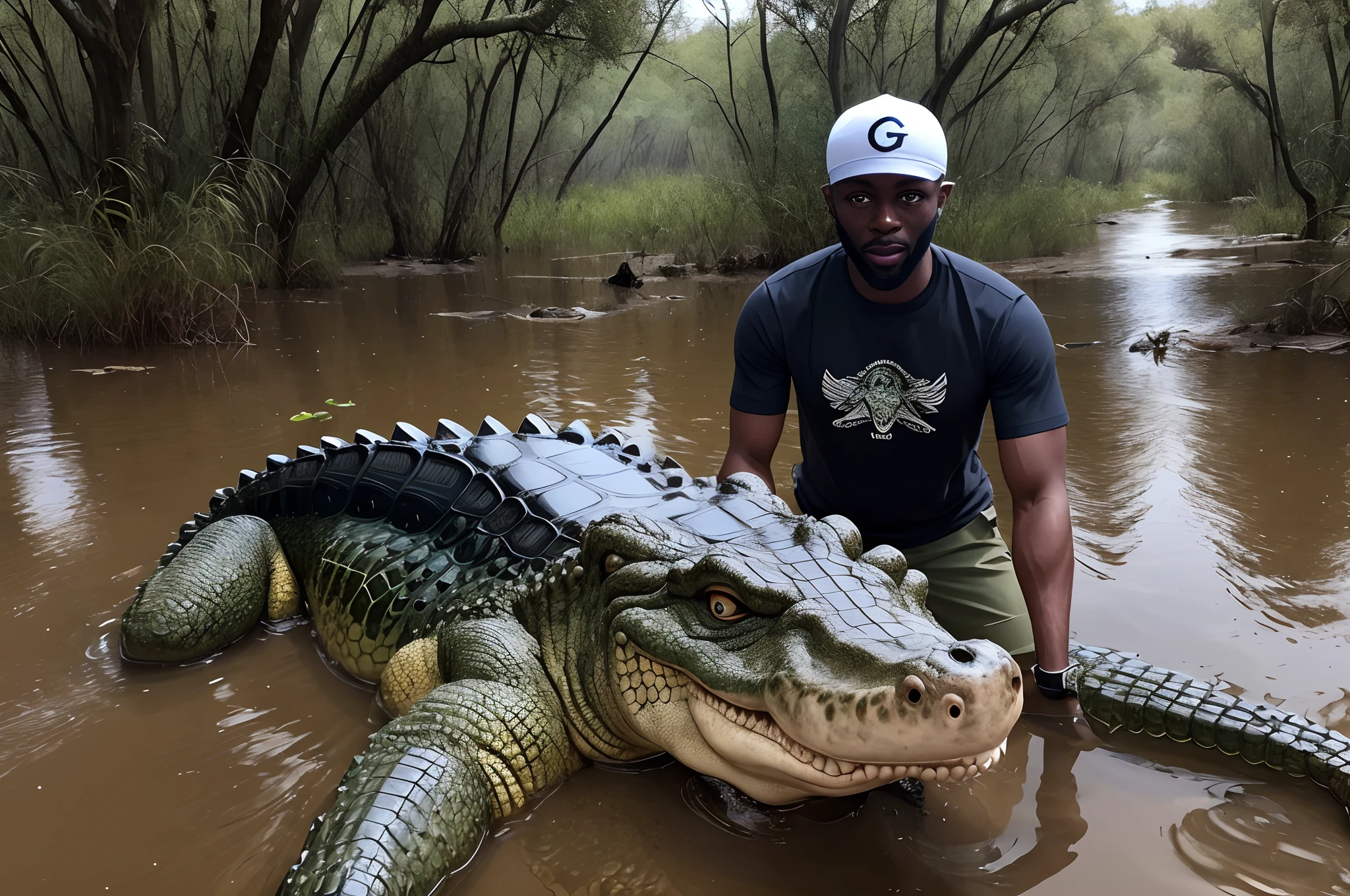 Generate a crocodile with a durag on in an African swamp