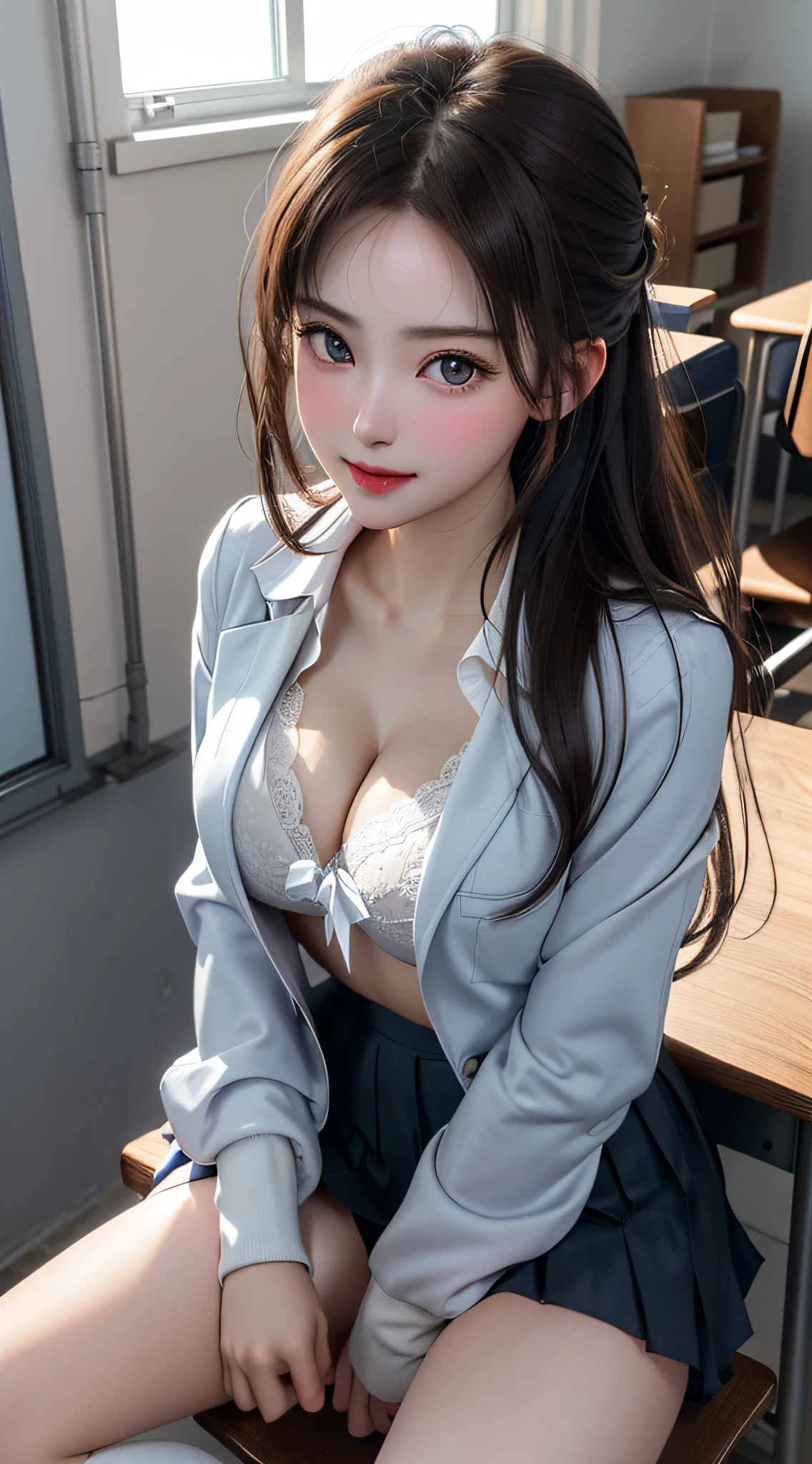 8K, top-quality, Real Image, intricate detailes, The ultra-detailliert, 超A high resolution, Dazzling sunshine、Depth Field,masterpiece,1girl in, AI_chan, Very beautiful 16 year old girl, Innocent big eyes,A detailed eye,(Black eyes:1.0),(Brown hair, updo hair),(bangss), perfect glossy skin, flawless skin, fair white skin,Fine skin,Beautiful breasts, ((erotick、A sexy, Sex Expressions,Bright lighting、accurate hands without incongruity)),Navy blue blazer ((cleavage of the breast)), (cute little:1.2)、(((appearance々Design underwear))), narrow waists, thin blush, looking at the viewers, lightsmile,chubby under the clothes, perspiring、(Blue pleated skirt),Floating Little Skirt, Lace pantie, sitting on, pantyshot, Spread your legs apart, skirt by the, ((student clothes)), white panties, sockes,(Long tie),(knee sox)、(Gravure Pose:1.1)、during daytime,Classroom