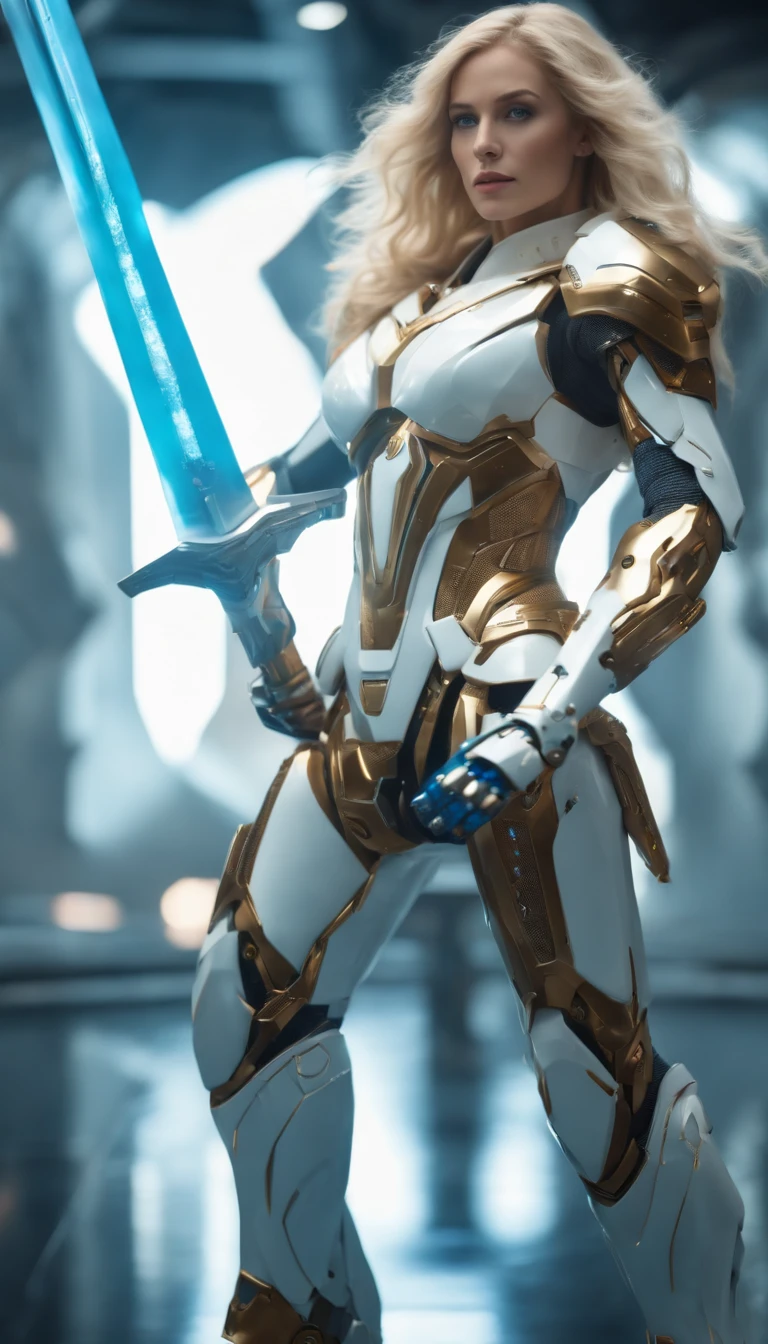 Photorealistic Image ((Masterpiece)), ((High Quality)) UHD 8K, OF A BEAUTIFUL WOMAN, Realistic Thin Lights Transforming Robot, (Medium Chest), (Slim Waist), (Long Blonde Hair), (Blue Eyes), ((Hyper-realistic mecha armor, with white metal and intricate ice blue lights)), (in combat position, on a futuristic ship, science fiction), (((Huge sword with large white hilt with gold details))), photo realistic, natural lighting, professional DSLR camera