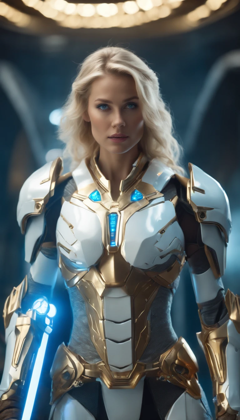 Photorealistic Image ((Masterpiece)), ((High Quality)) UHD 8K, OF A BEAUTIFUL WOMAN, Realistic Thin Lights Transforming Robot, (Medium Chest), (Slim Waist), (Long Blonde Hair), (Blue Eyes), ((Hyper-realistic mecha armor, with white metal and intricate ice blue lights)), (in combat position, on a futuristic ship, science fiction), (((Huge sword with large white hilt with gold details))), photo realistic, natural lighting, professional DSLR camera