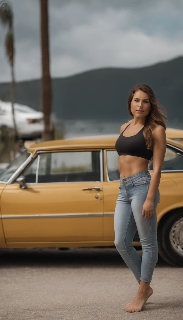The picture features a full body beautiful young Russian woman wearing a blue sports bra and grey thight shorts, cameltoe, posing for a photo. She is standing in front of a car, and her smile suggests that she is enjoying the moment. The image captures her confidence and attractiveness, showcasing her fitness and style.
