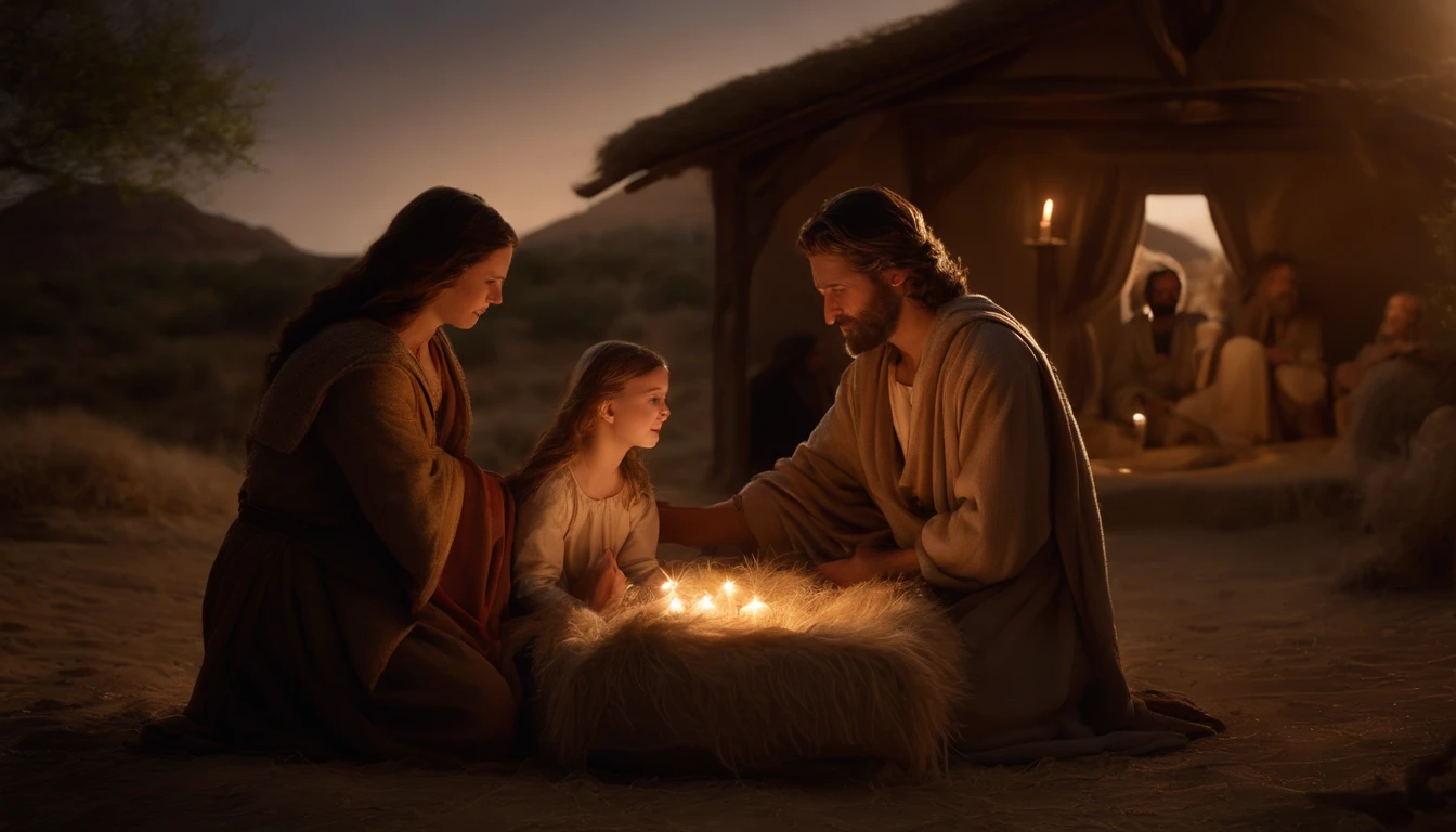 hyper detailed masterpiece, dynamic realistic digital art, awesome quality,  cozy and warm scenes, tiny tim, nativity scene, filled with joy and laughter,heartfelt and sentimental,peaceful and serene, candles, exchanging gifts