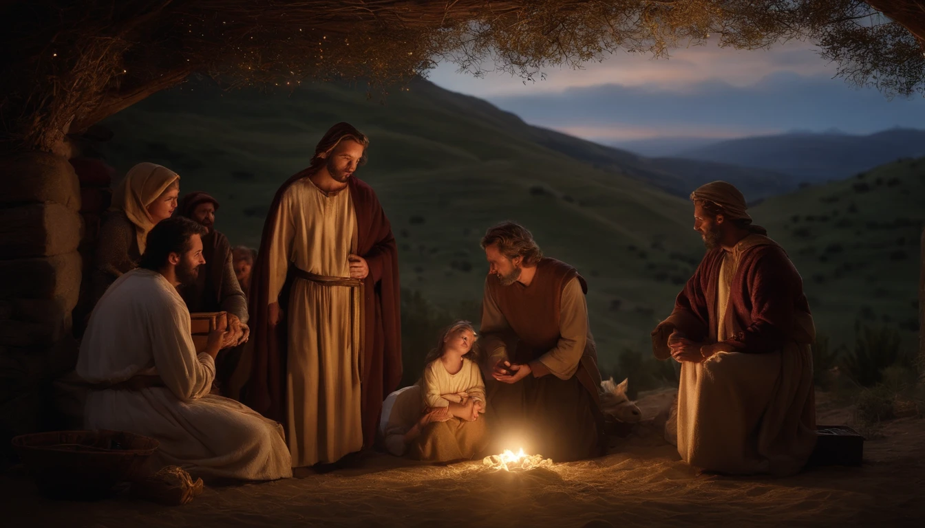 The description of the scene depicts a simple stable with a manger as a cradle for the Jesus. Mary, with a loving expression, is kneeling beside him, while Joseph watches with reverence. A bright star illuminates the stable, surrounded by shepherds and three wise men with gifts. The landscape is serene, with starry skies and a gentle breeze.