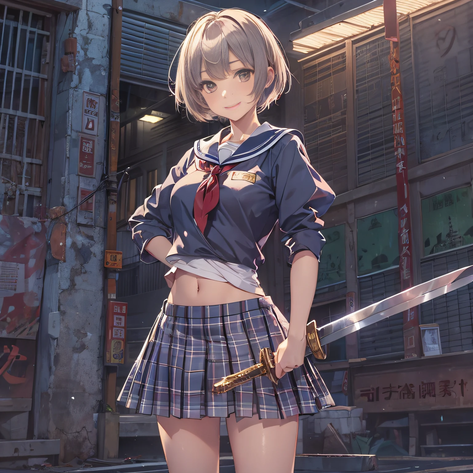 masutepiece, High quality, Cinematic lighting, Front Camera Angle, Ruined metropolis, High school girl holding Japan sword handle in right hand, Beautiful Girl, Unbeatable smile, Good Style, Short hair, cleavage , Short sailor suit, Tartan mini skirt, Dynamic Pose,