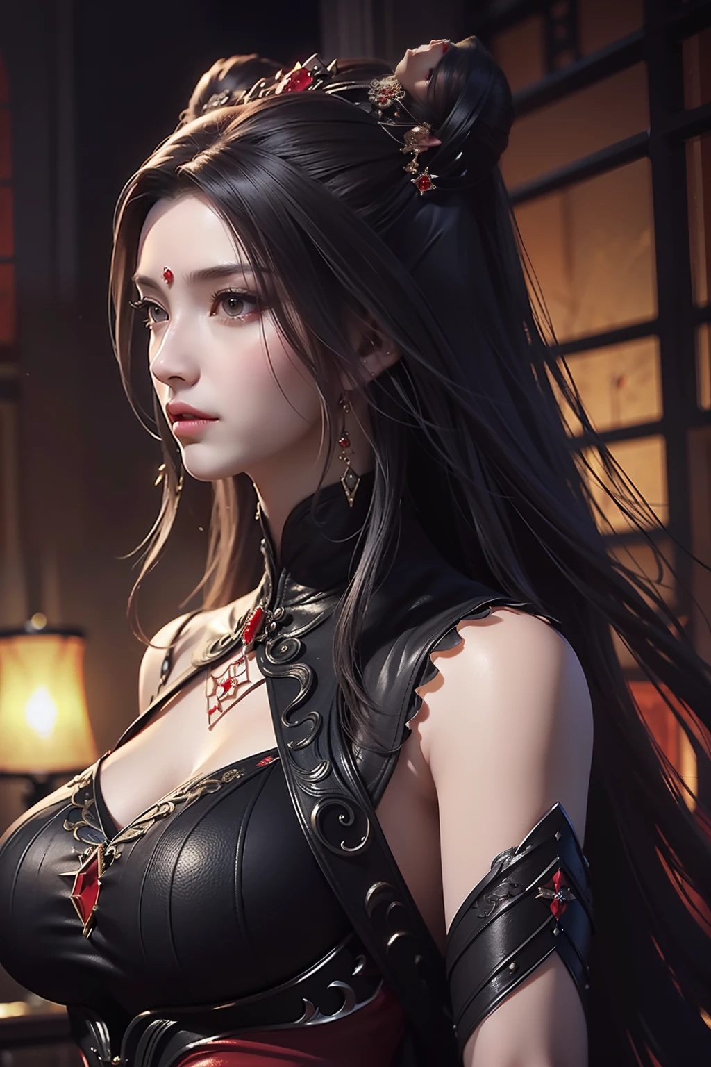 a muscular, handsome man with chiseled features, dressed in a flowing black robe adorned with intricate golden patterns. Her eyes are a piercing shade of blue, and her long black hair is tied in a sleek ponytail.