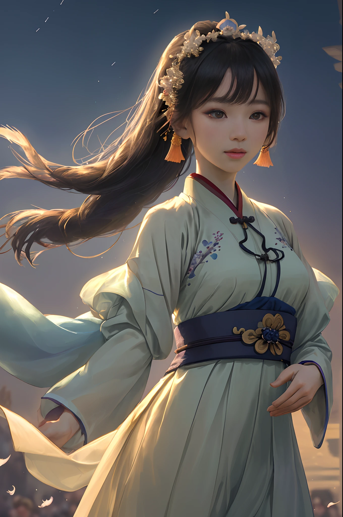 HD wallpaper, master masterpiece, real human, dusk, real photo, dusk, a girl, ((delicate facial features)), close to the audience, ((skin detail portrayal)), wearing Song Dynasty Hanfu, (Hanfu pattern detail portrayal), streamers flying, fluttering clothes, dark background, backlight, 3D HD rendering, Unreal rendering, 8k HD