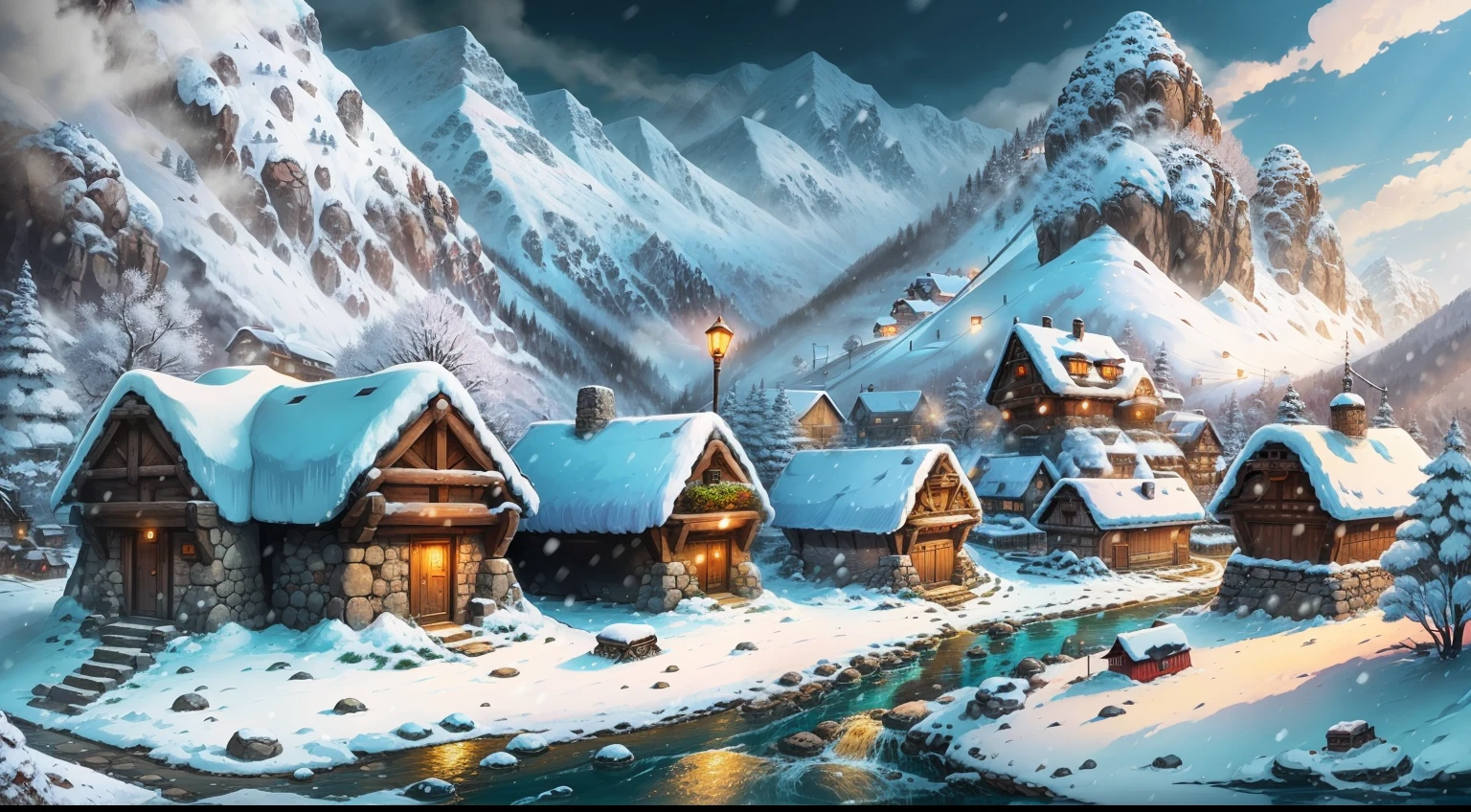 Give me a stone Houses in a snowing mountainous village background, colony, anime style