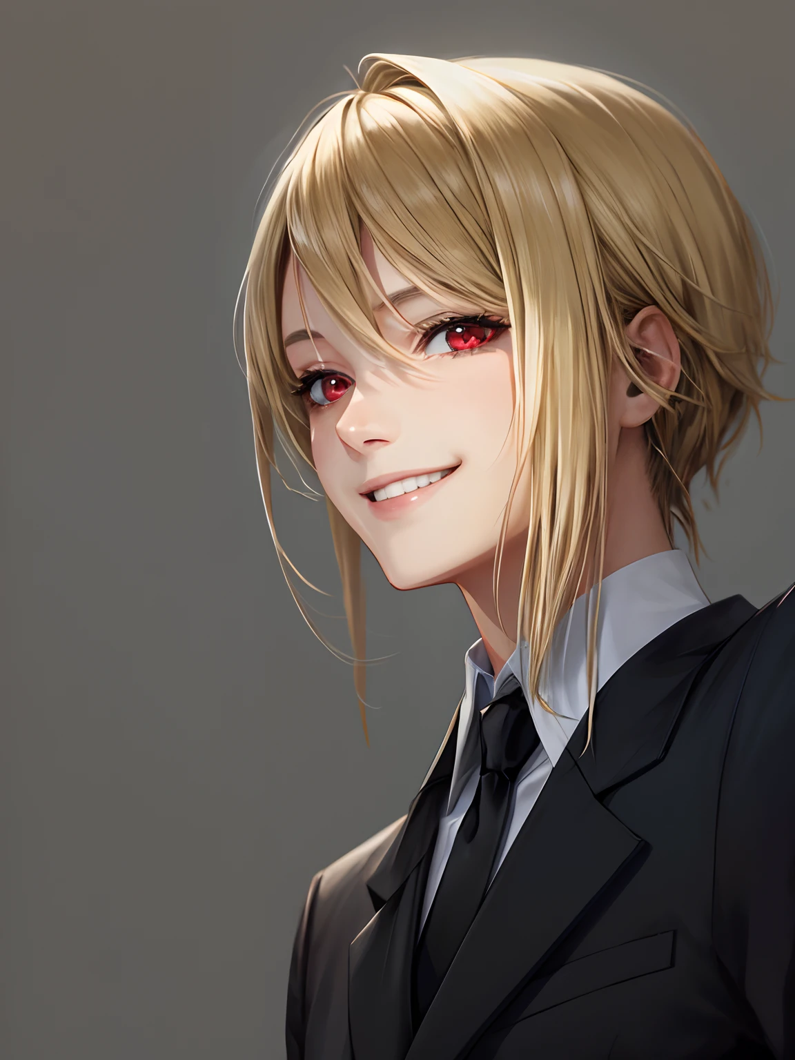 realistic, photo, high quality, female, blonde hair, white collar shirt, black neck tie, black suit, red eyes, smile,