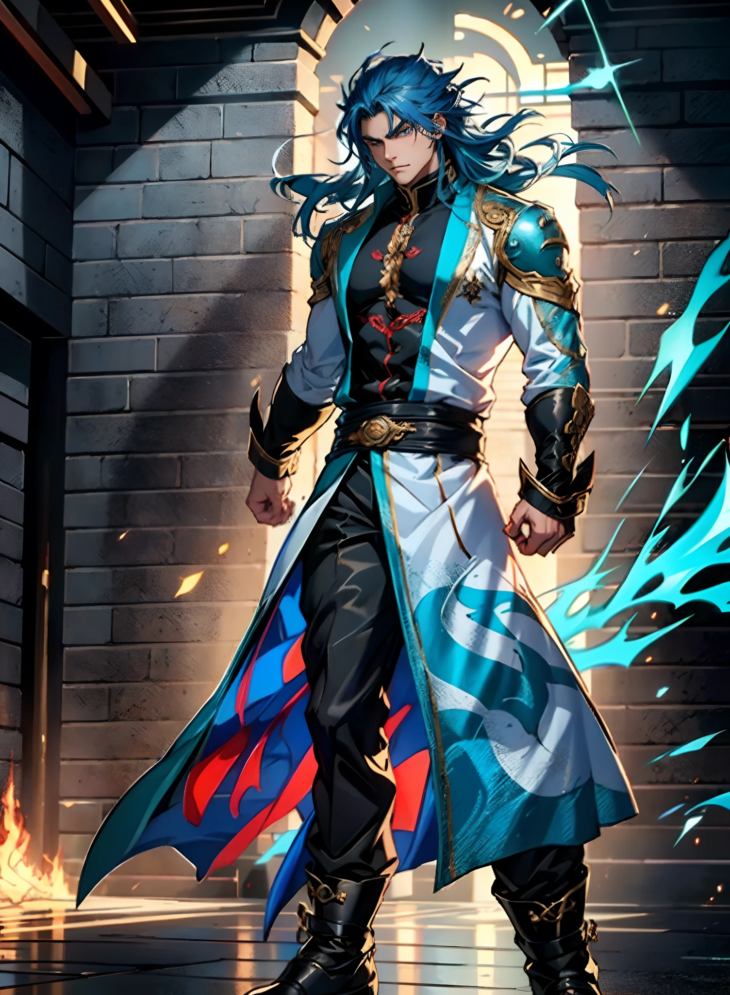 A young man with long slate-blue hair, disheveled and flying hair, sharp gaze, a resolute countenance, he has a mixed West Asian and Eastern European appearance, a fantasy wuxia-style tight-fitting trench coat robe, with a flowing hem, the color scheme is mainly white, with red and white-blue as secondary colors, dark trousers, thick cloth boots, he stands in a majestic posture, while the surrounding space shatters and ruptures with energy, this character embodies a finely crafted fantasy-style Chinese martial hero in anime style, characterized by an exquisite and mature manga illustration art style, high definition, best quality, highres, ultra-detailed, ultra-fine painting, extremely delicate, professional, anatomically correct, symmetrical face, extremely detailed eyes and face, high quality eyes, creativity, RAW photo, UHD, 8k, Natural light, cinematic lighting, masterpiece:1.5