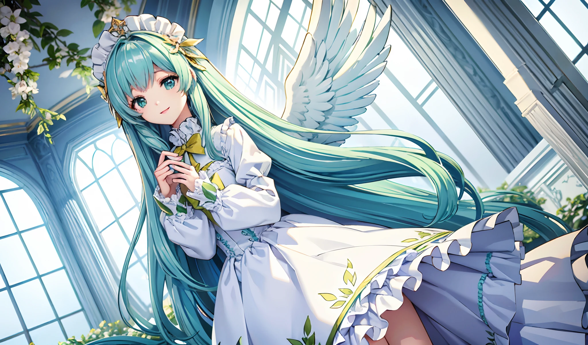 Big big wings of angels shining in seven colors、1 kawaii girl、adorable smiling、Light blue long hair、Twin-tailed、Colorful angel costume in white and green Lolita style with lots of frills、((top-quality))、((masterpiece))、(ighly detailed、highestdetailed、Official art、Beautifully Aesthetic:1.2)