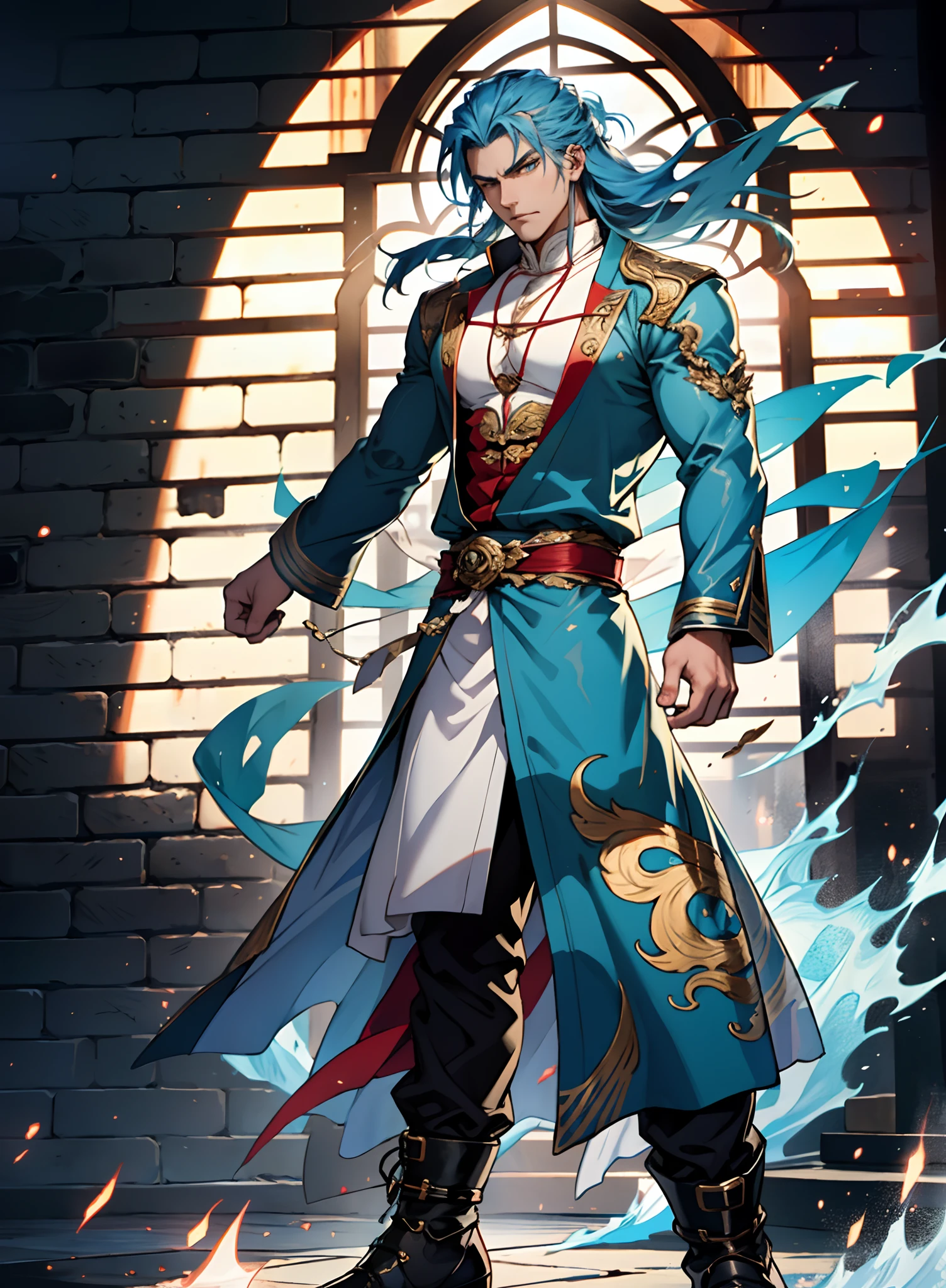 A young man with long slate-blue hair, disheveled and flying hair, sharp gaze, a resolute countenance, he has a mixed West Asian and Eastern European appearance, a fantasy wuxia-style tight-fitting trench coat robe, with a flowing hem, the color scheme is mainly white, with red and white-blue as secondary colors, dark trousers, thick cloth boots, he stands in a majestic posture, while the surrounding space shatters and ruptures with energy, this character embodies a finely crafted fantasy-style Chinese martial hero in anime style, characterized by an exquisite and mature manga illustration art style, high definition, best quality, highres, ultra-detailed, ultra-fine painting, extremely delicate, professional, anatomically correct, symmetrical face, extremely detailed eyes and face, high quality eyes, creativity, RAW photo, UHD, 8k, Natural light, cinematic lighting, masterpiece:1.5