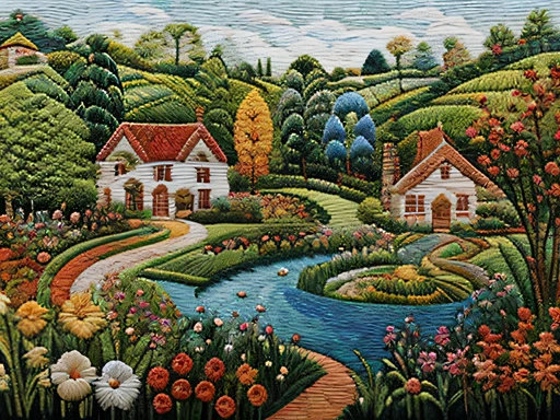 A magnificent picture embroidered with a beautiful village，Beautiful garden，Tano，Woven with cotton or silk thread，coloured with lots of colour，Full of enthusiasm、Red, blue-green tones，water ripple