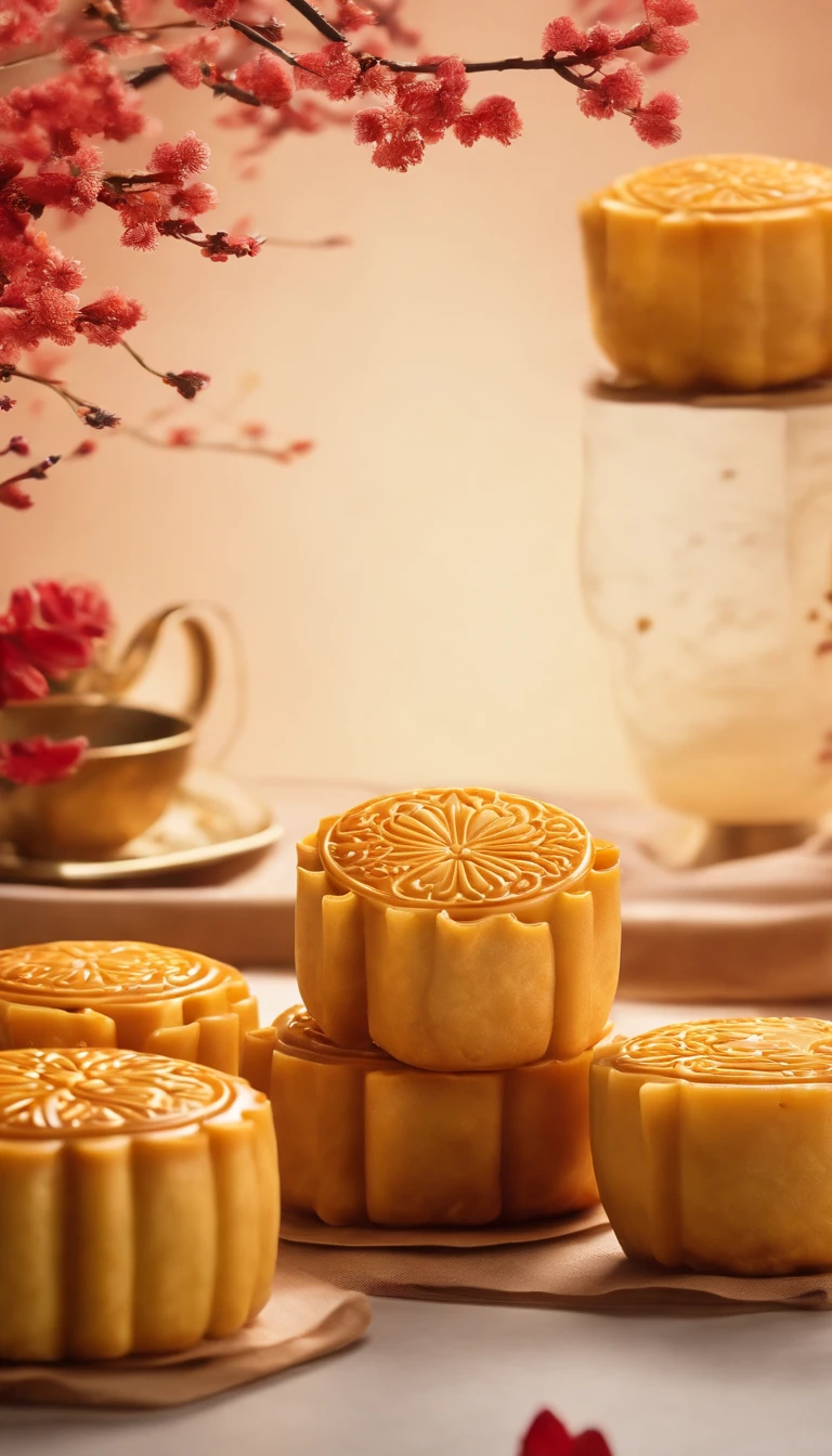Commercial shooting, Cantonese egg yolk mooncakes, Mooncake size, poster for, Fresh style background, elegant, Booth lighting, Attractive, photorealistic colors, Ultra HD