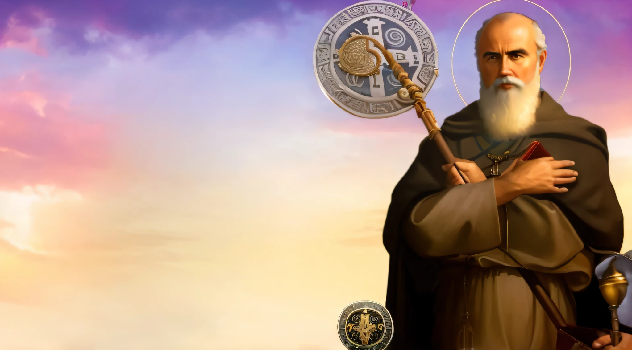 a closeup of a person holding a book and a stick, christian saint rosace, NPC com um santo\halo do, NPC com halo de santo, padroeiro do 🛸🌈👩🏾, portrait of saint of the pit, Severiano de Nessus, saint of the pit, Monge ucraniano, inspirado em Matthias Stom, Estilo Taras Shevchenko
