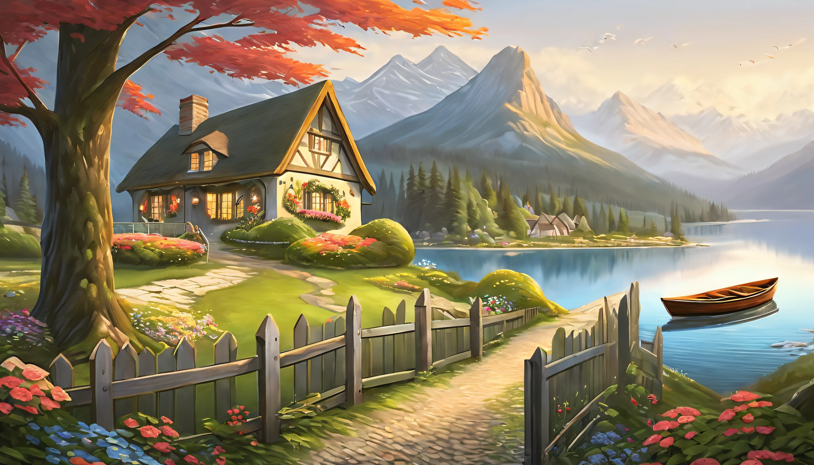 painting of a cottage, flowers beside of fence, fence along the road,  mountain landscape with a lake and a boat, illustration matte painting,  inspired by Thomas Kinkade, symmetric matte painting, detailed scenery , style raw, 8 k ultra detailed