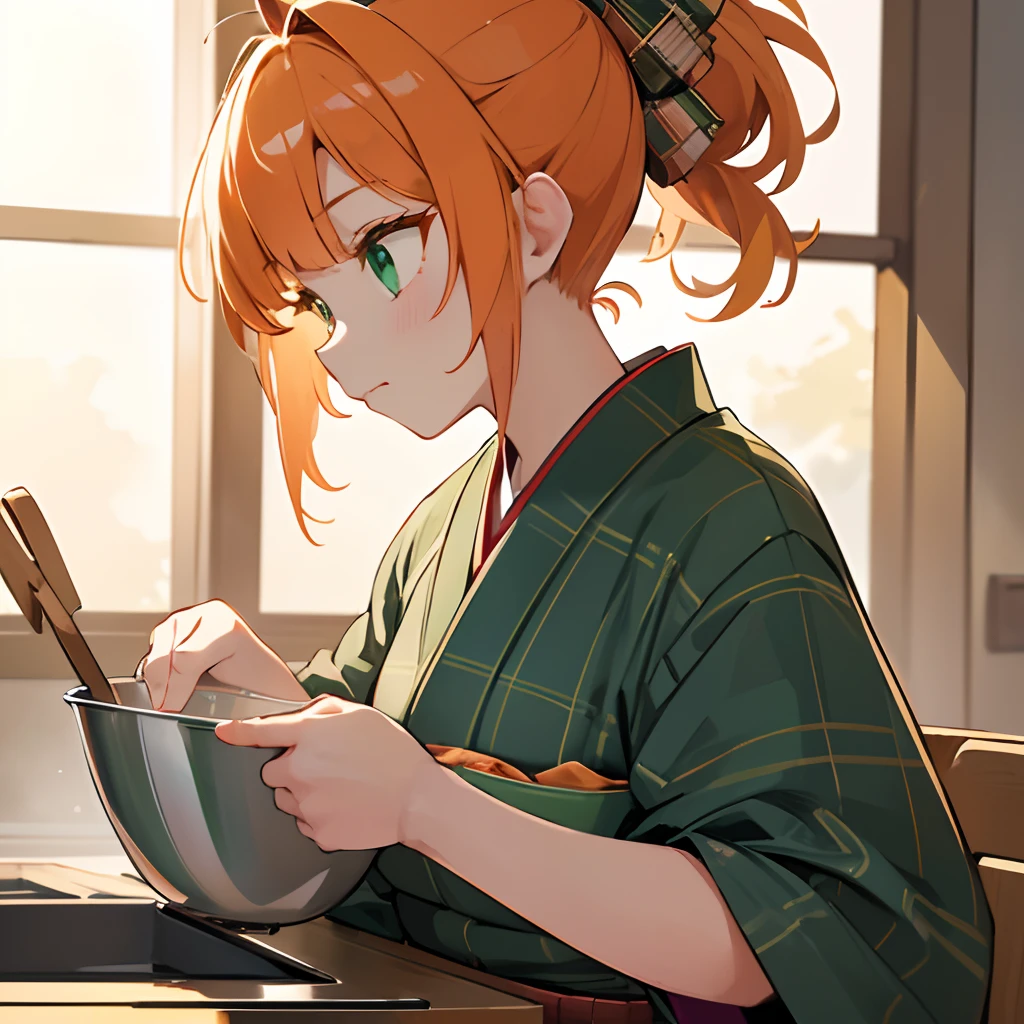 {{{{{masterpiece, Best Quality, ultra-detail,8k,}}}}}, 1 girl,beautiful orange ponytail hairstyle,cute face,beautiful large
green eyes,beautiful plaid kimono,japanese white cooking apron,beautiful Beautiful japanese kitchen background,Woman wearing a triangular hood on her head,