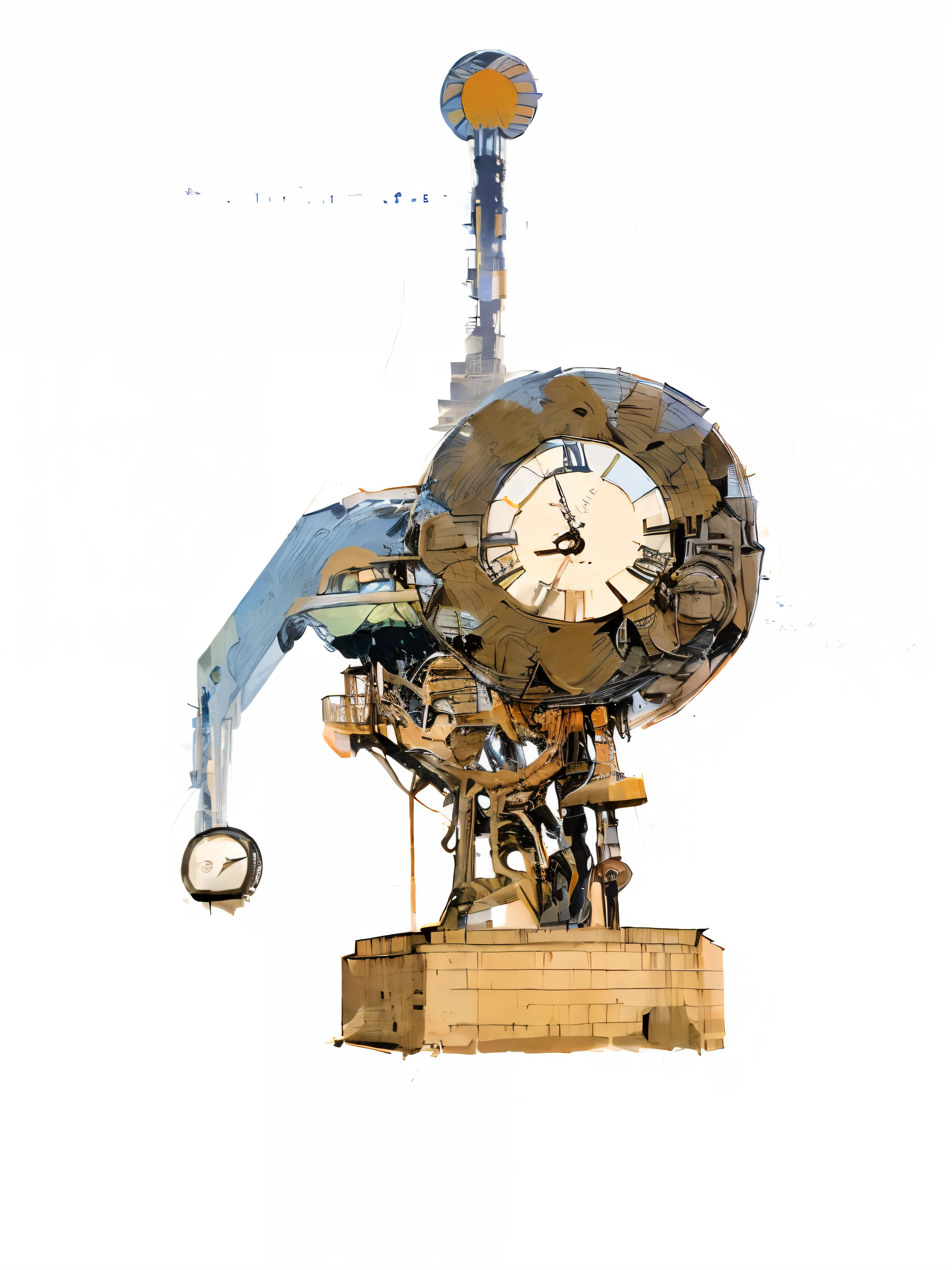 orange colors,blue colors,Manhwa Style,Mechanical details,clock,Architectural posters,Future Style