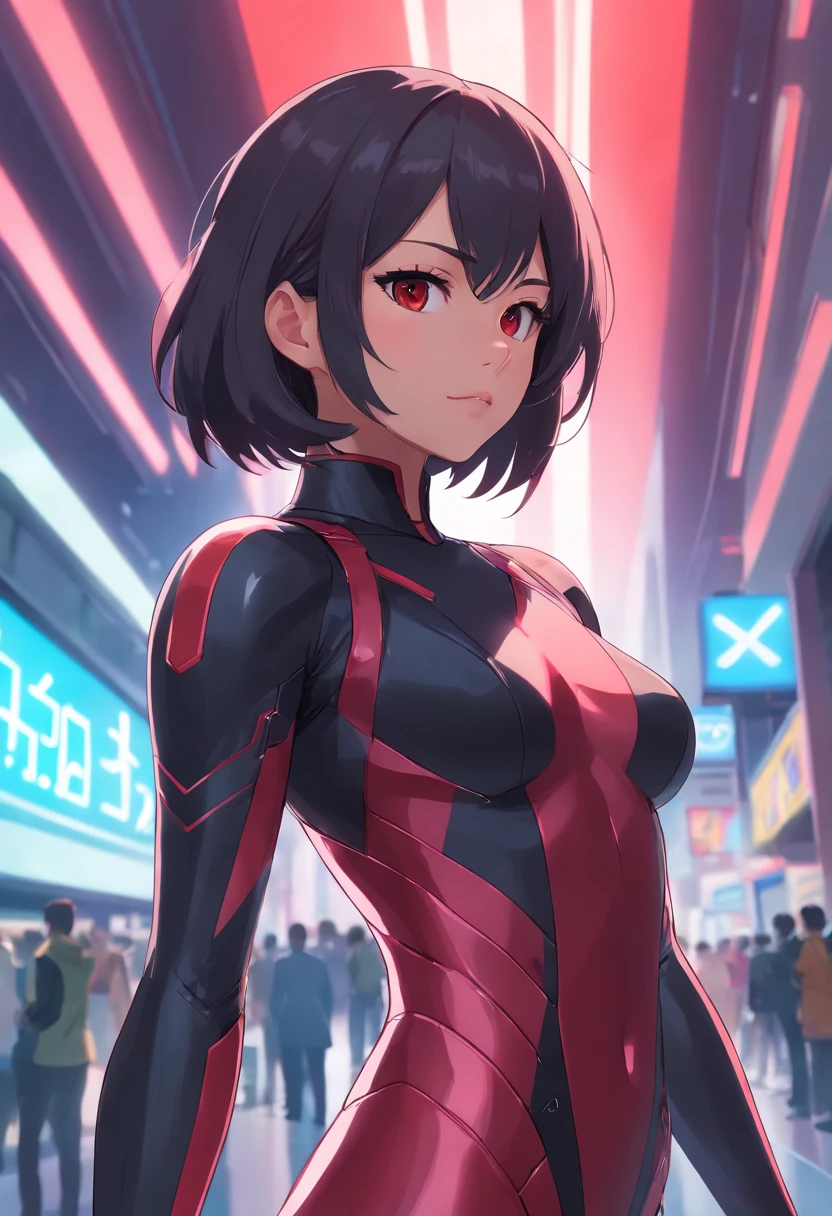 a close up of a woman in a black and red suit, concept art inspired by INO, cgsociety contest winner, neo-figurative, in spandex suit, streamlined pink armor, slick pink armor, bubblegum body, fullbodysuit, tight full body suit, laserpunk fullbodysuit, cybersuit, matte pink armor, full body x-force outfit