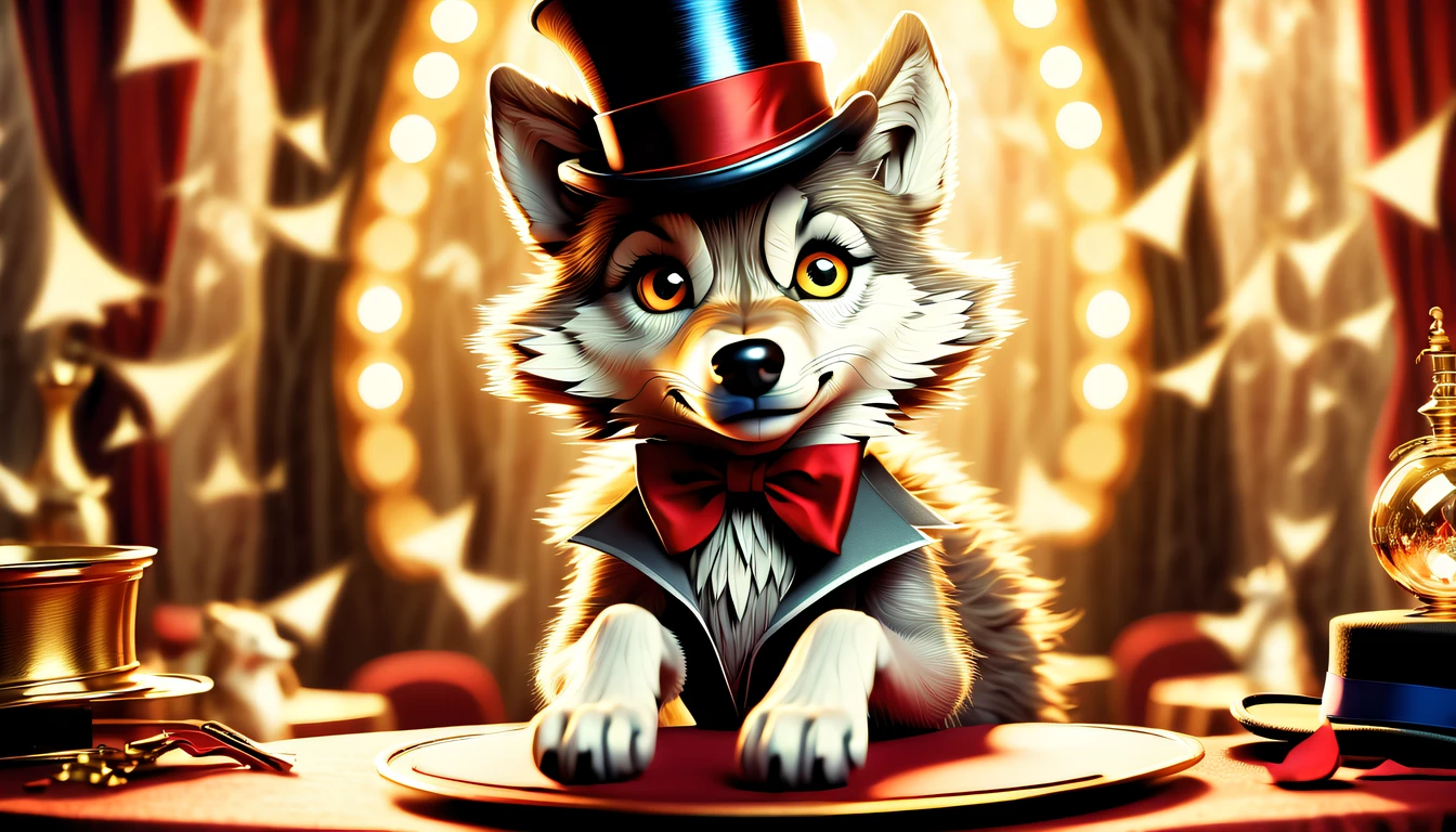 (((Imagine a visually striking illustration of a magician girl:1.3))), (((a ridiculously absurdly cute wolf peeking out from a top hat:1.3))), full body shot, mysterious nature screen background detail, perfection, hyper real, ultra fine detailed skin, ultra quality, cinematic still, conceptual contrast, natural lighting, all captured in sharp focus, rendered in stunning 32k resolution, expert precision including intricate examples of undeniably amazing image quality and detailed design, amazing background detail,