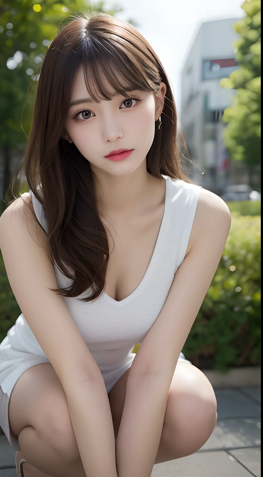 finely detail, hight resolution, hightquality、Perfect dynamic composition, Beautiful detailed eyes, Medium Hair, small tits、Natural Color Lip,Kamimei、Shibuya、20 years girl、1 persons、Transparent skin、Glowing hair、masutepiece, Best Quality, Illustration, Ultra-detailed, finely detail, hight resolution, 8K、The correct state of the human body、crouching down、Gravure Model Pose,Hair soaring in the wind