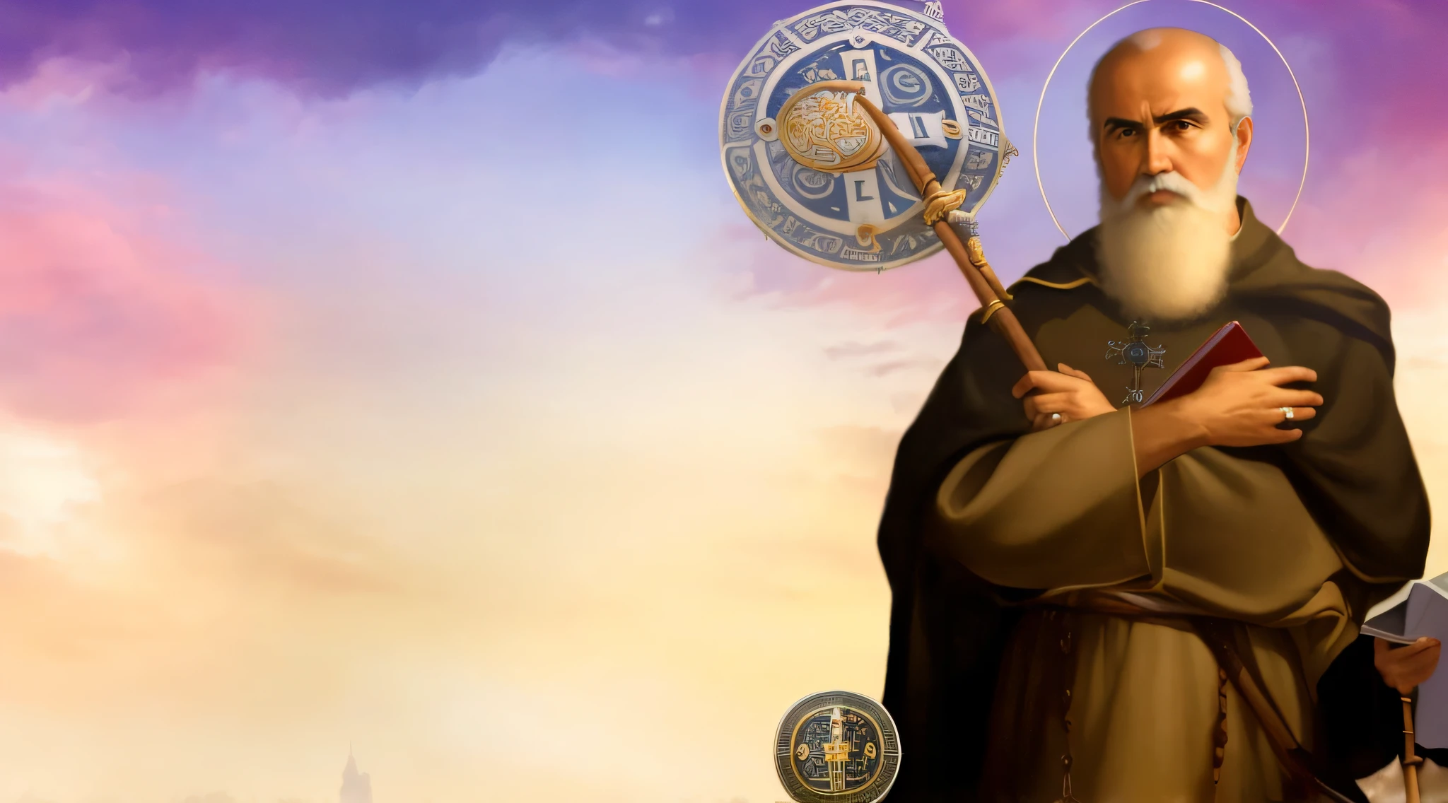a closeup of a person holding a book and a stick, christian saint rosace, NPC com um santo\halo do, NPC com halo de santo, padroeiro do 🛸🌈👩🏾, portrait of saint of the pit, Severiano de Nessus, saint of the pit, Monge ucraniano, inspirado em Matthias Stom, Estilo Taras Shevchenko