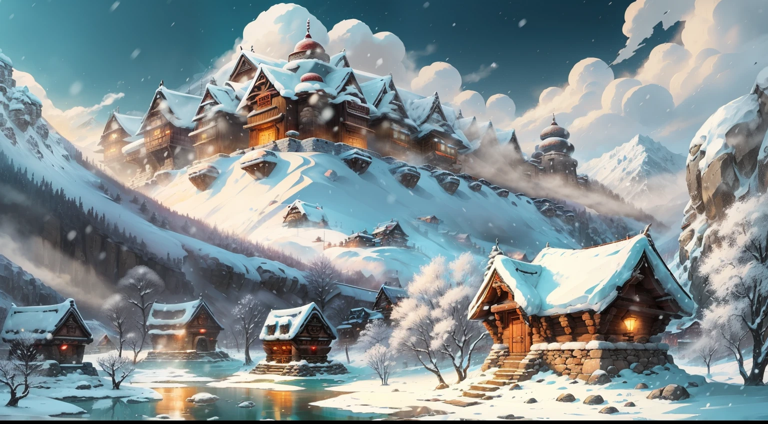 Give me a stone temple Houses in a snowing mountainous village background, colony, anime style