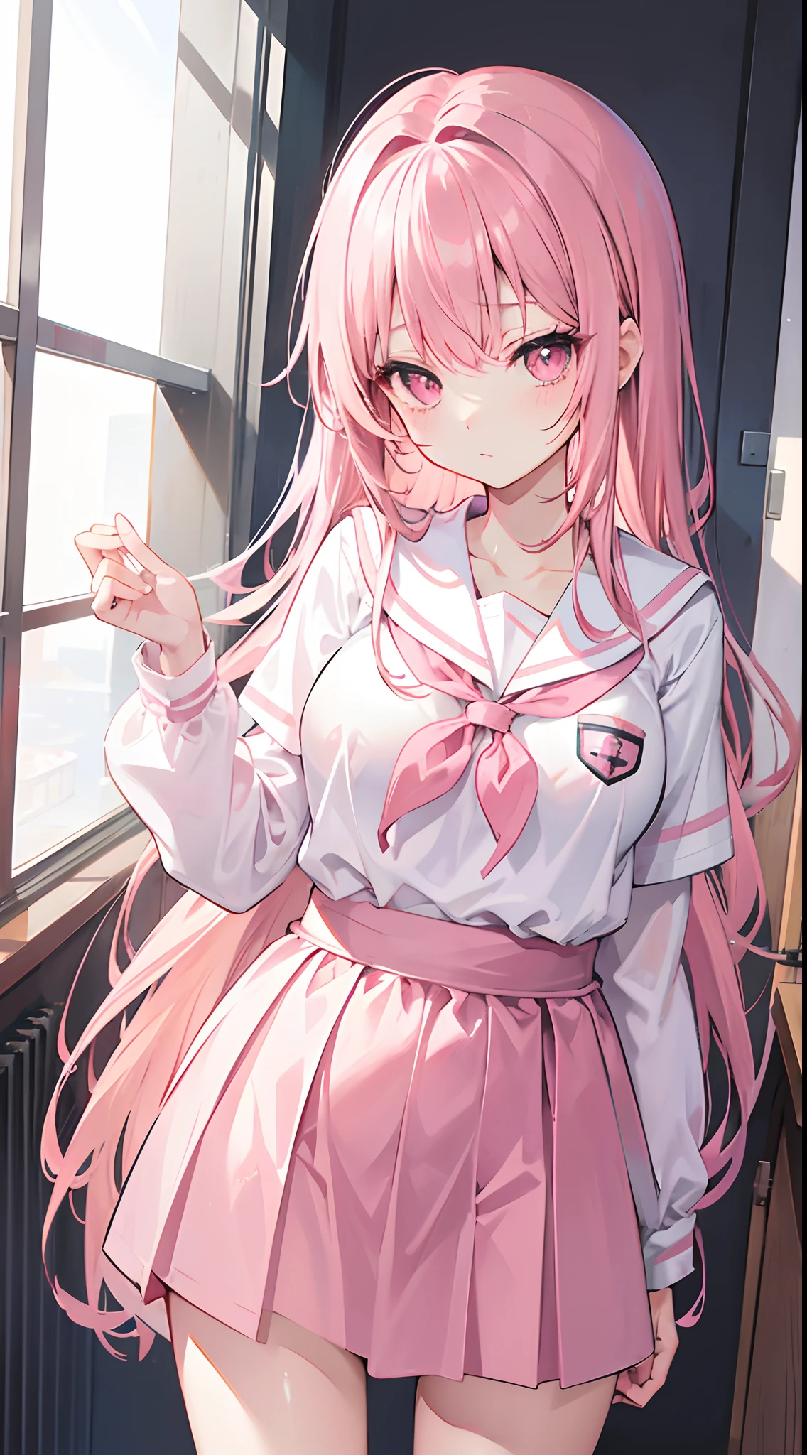 Long light pink hair to the waist,dishiveredhair,Pink eyes,Loving pupils,Sailor uniform school uniform,Big breasts ,girl,A pitying expression appeared,In the classroom,Kittens
