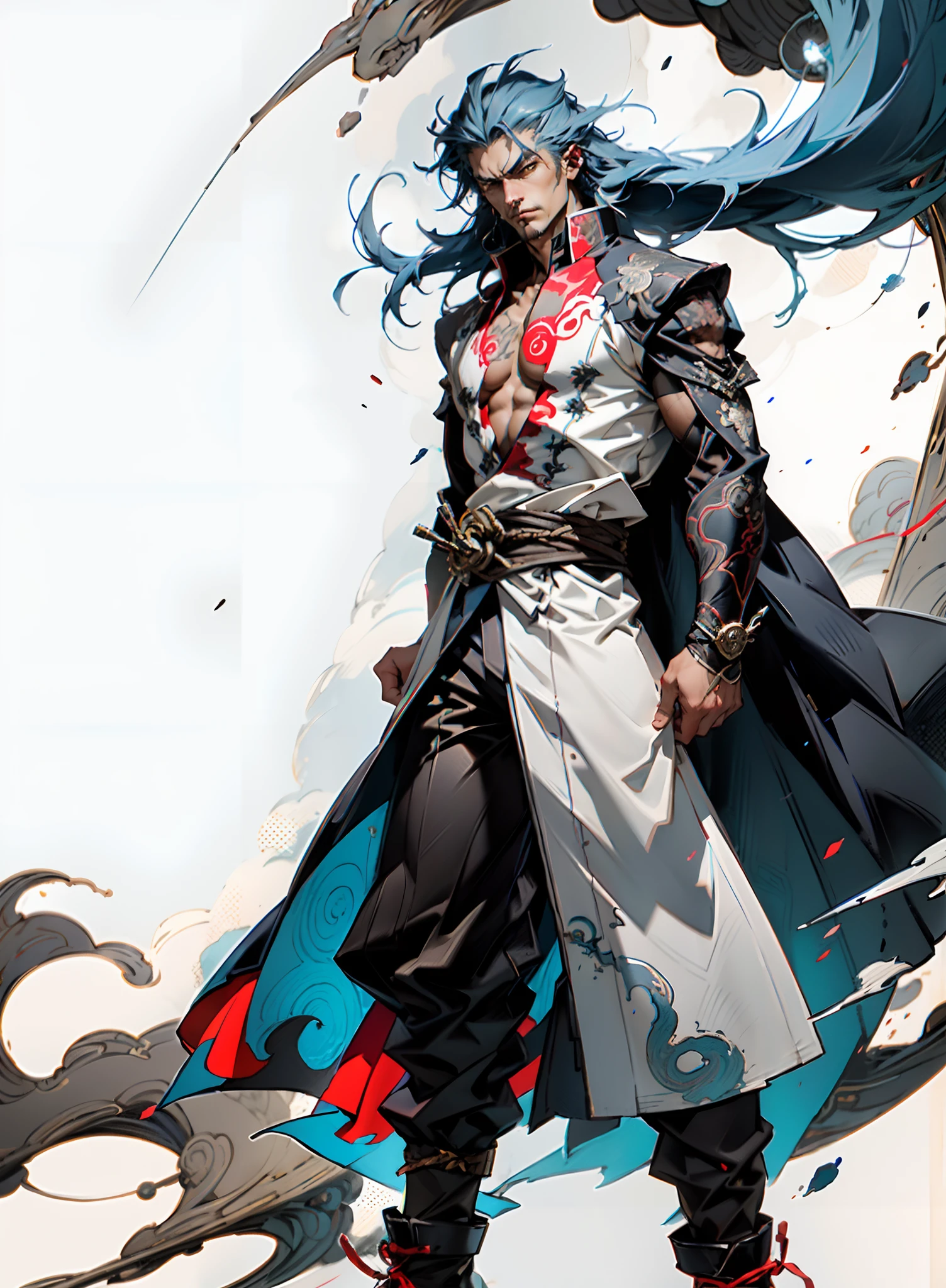 A young man with long slate-blue hair, disheveled and flying hair, sharp gaze, a resolute countenance, he has a mixed West Asian and Eastern European appearance, a fantasy wuxia-style tight-fitting trench coat robe, with a flowing hem, the color scheme is mainly white, with red and white-blue as secondary colors, dark trousers, thick cloth boots, he stands in a majestic posture, while the surrounding space shatters and ruptures with energy, this character embodies a finely crafted fantasy-style Chinese martial hero in anime style, characterized by an exquisite and mature manga illustration art style, high definition, best quality, highres, ultra-detailed, ultra-fine painting, extremely delicate, professional, anatomically correct, symmetrical face, extremely detailed eyes and face, high quality eyes, creativity, RAW photo, UHD, 8k, Natural light, cinematic lighting, masterpiece:1.5