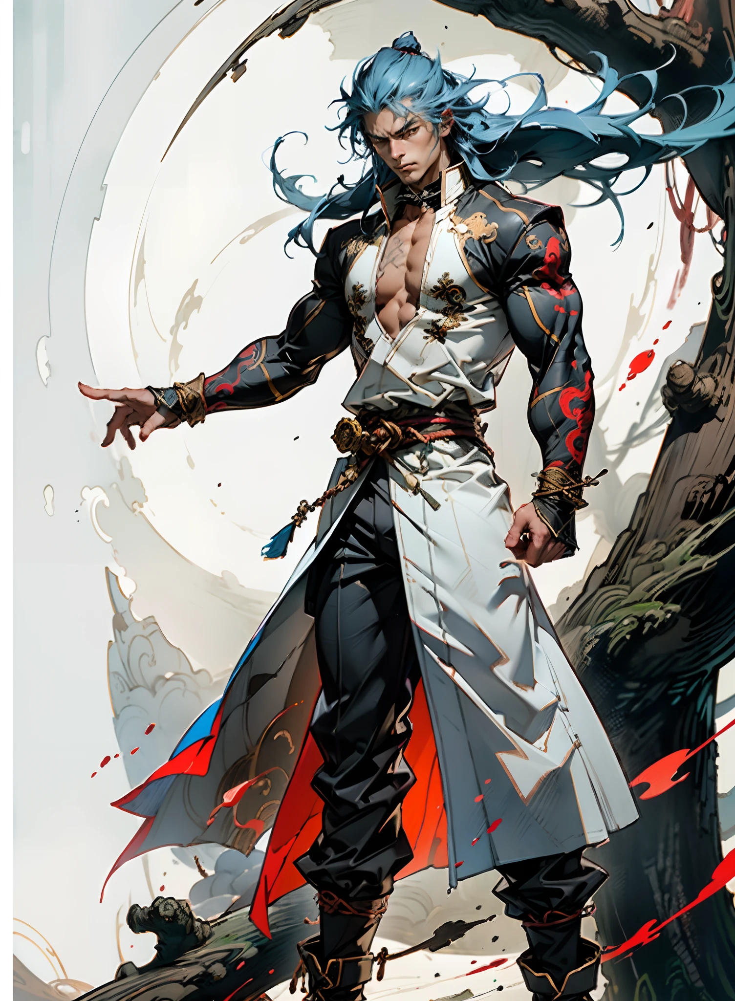 A young man with long slate-blue hair, disheveled and flying hair, sharp gaze, a resolute countenance, he has a mixed West Asian and Eastern European appearance, a fantasy wuxia-style tight-fitting trench coat robe, with a flowing hem, the color scheme is mainly white, with red and white-blue as secondary colors, dark trousers, thick cloth boots, he stands in a majestic posture, while the surrounding space shatters and ruptures with energy, this character embodies a finely crafted fantasy-style Chinese martial hero in anime style, characterized by an exquisite and mature manga illustration art style, high definition, best quality, highres, ultra-detailed, ultra-fine painting, extremely delicate, professional, anatomically correct, symmetrical face, extremely detailed eyes and face, high quality eyes, creativity, RAW photo, UHD, 8k, Natural light, cinematic lighting, masterpiece:1.5