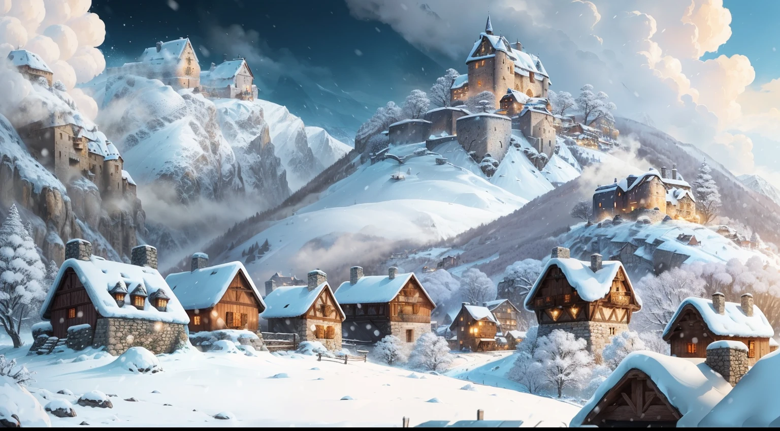Give me a medieval french stone Houses in a snowing mountainous village background, colony, anime style
