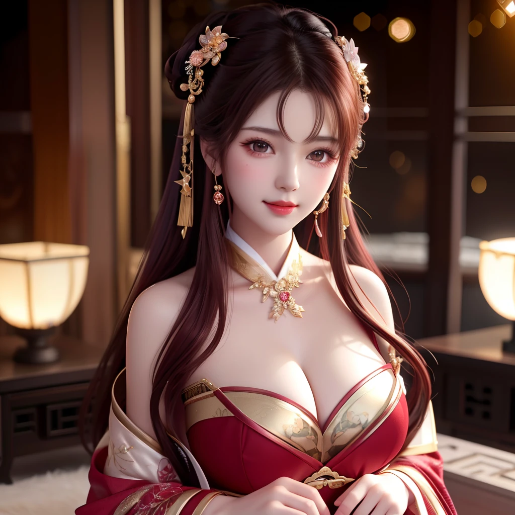 best quality, masterpiece, highres, 1girl,blush,(seductive smile:0.8),star-shaped pupils,sexy china hanfu in red, very luxury, luxury hair ornament, luxury necklace, jewelry,Beautiful face,the chest is open, showing underwear, wearing tube top, beautiful breasts, upon_body, tyndall effect,photorealistic, dark studio, rim lighting, two tone lighting,(high detailed skin:1.2), 8k uhd, dslr, soft lighting, high quality, volumetric lighting, candid, Photograph, high resolution, 4k, 8k, Bokeh