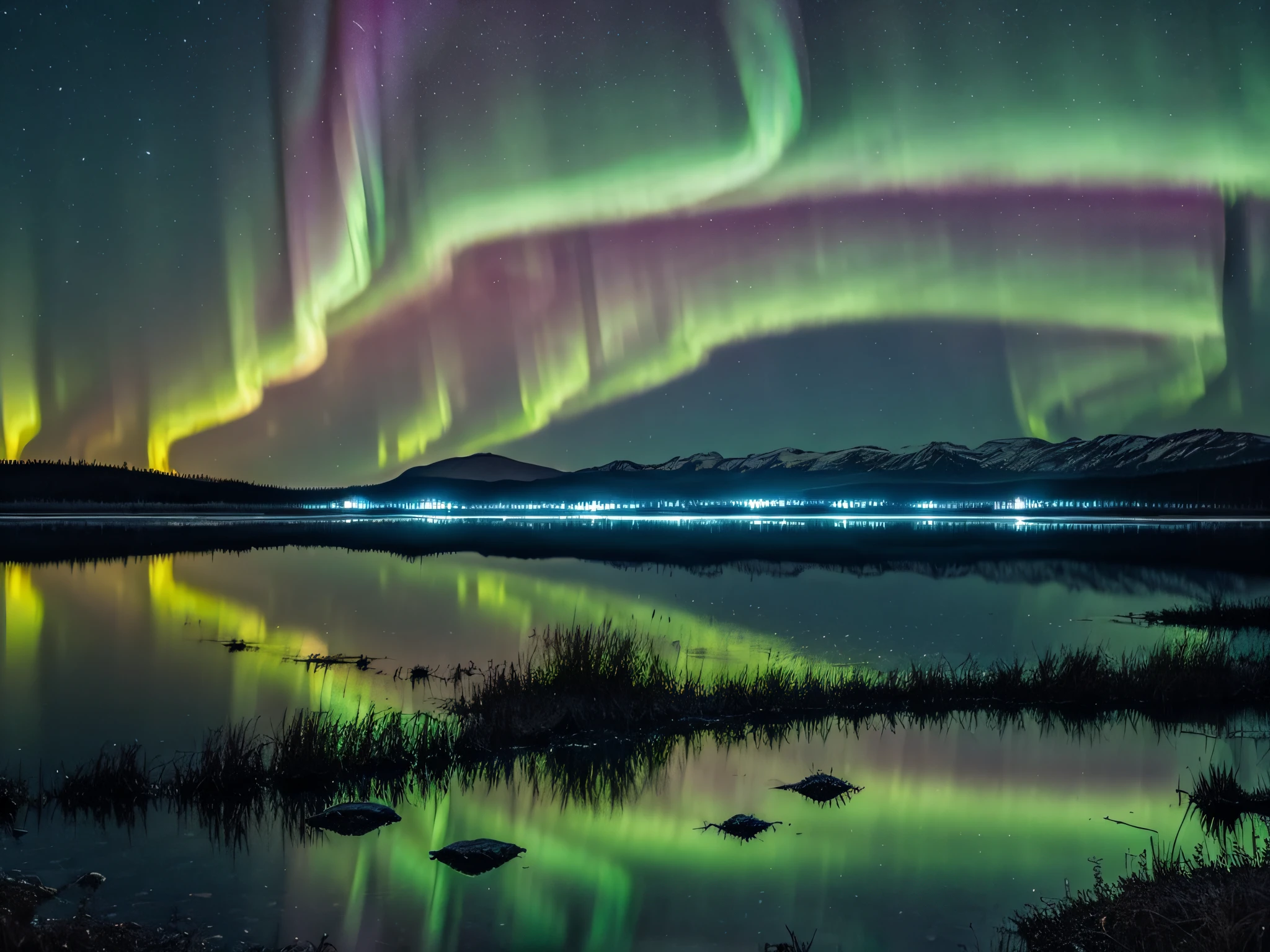 Aurora Lake: A serene lake with the northern lights reflecting off its glassy surface.
