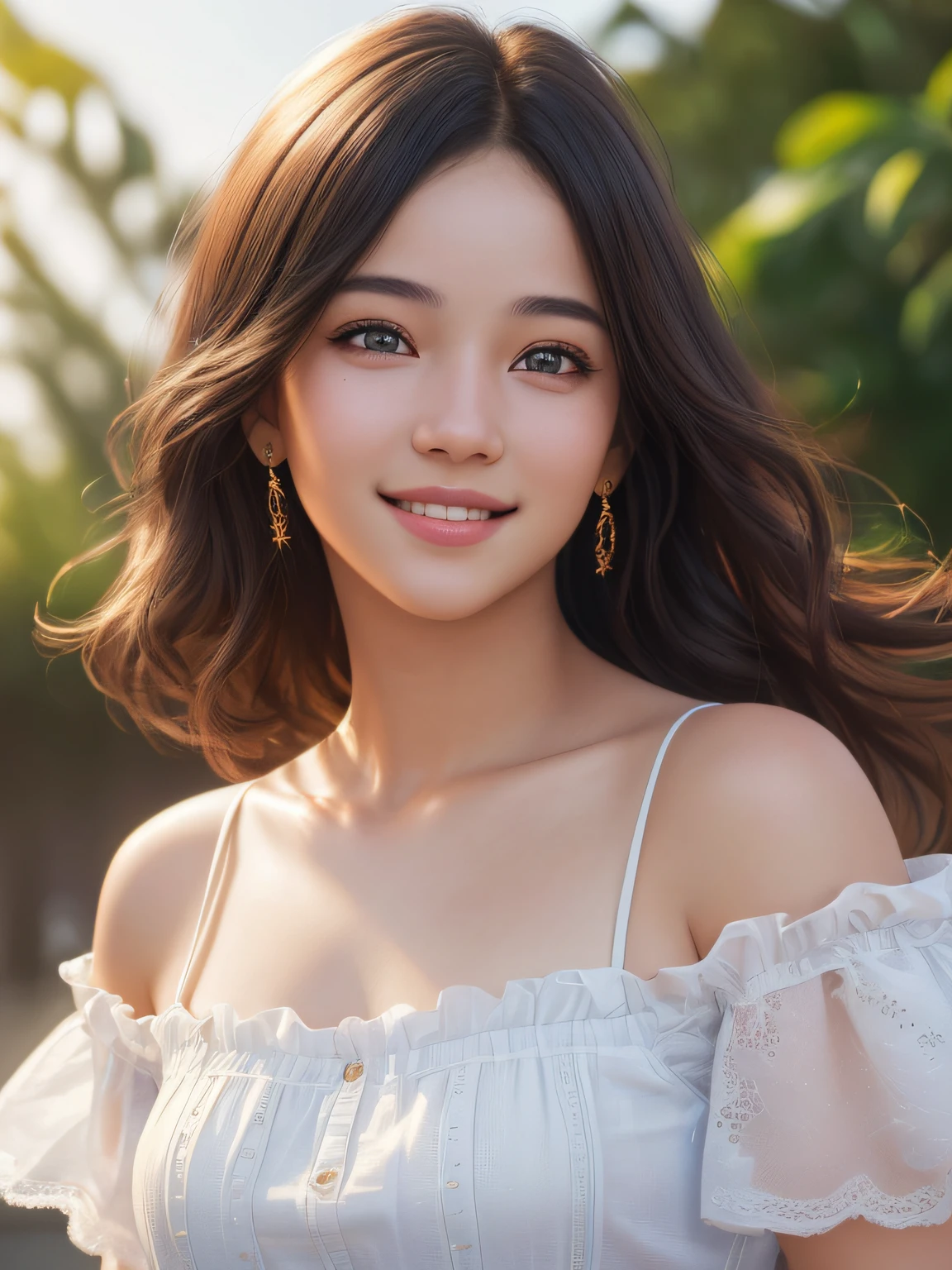 (8k, RAW photos,best quality, high resolution:1.1), (hyperrealistic:1.4),(realistic, photorealistic:1.3), soft light,big breasts,girl,realistic face,realistic body,realistic skin,absurdity,masterpiece,(cute:1.8), cuties, solo, (big breasts:1.2), detailed black eyes,innocent eyes,blusher,(t-shirt:1.2), cinema light,film grain,jewelry,earrings,((Medium hair:1.1)),((Floating Hair Novafrog Style)),cherry colored lips,hair ribbon,hair bow,ponytail,closeup,look viewer,long hair,upper body,open lips,upper teeth, (smiling eyes:0.6),((grinning:1.2)),depth of field, blurred background, eye focus, Bokeh,Young, 85mm Lens, f/1.4,Professional Lighting, Young,Portrait,Photon Mapping,Radiosity,Physically Based Rendering,No Bra