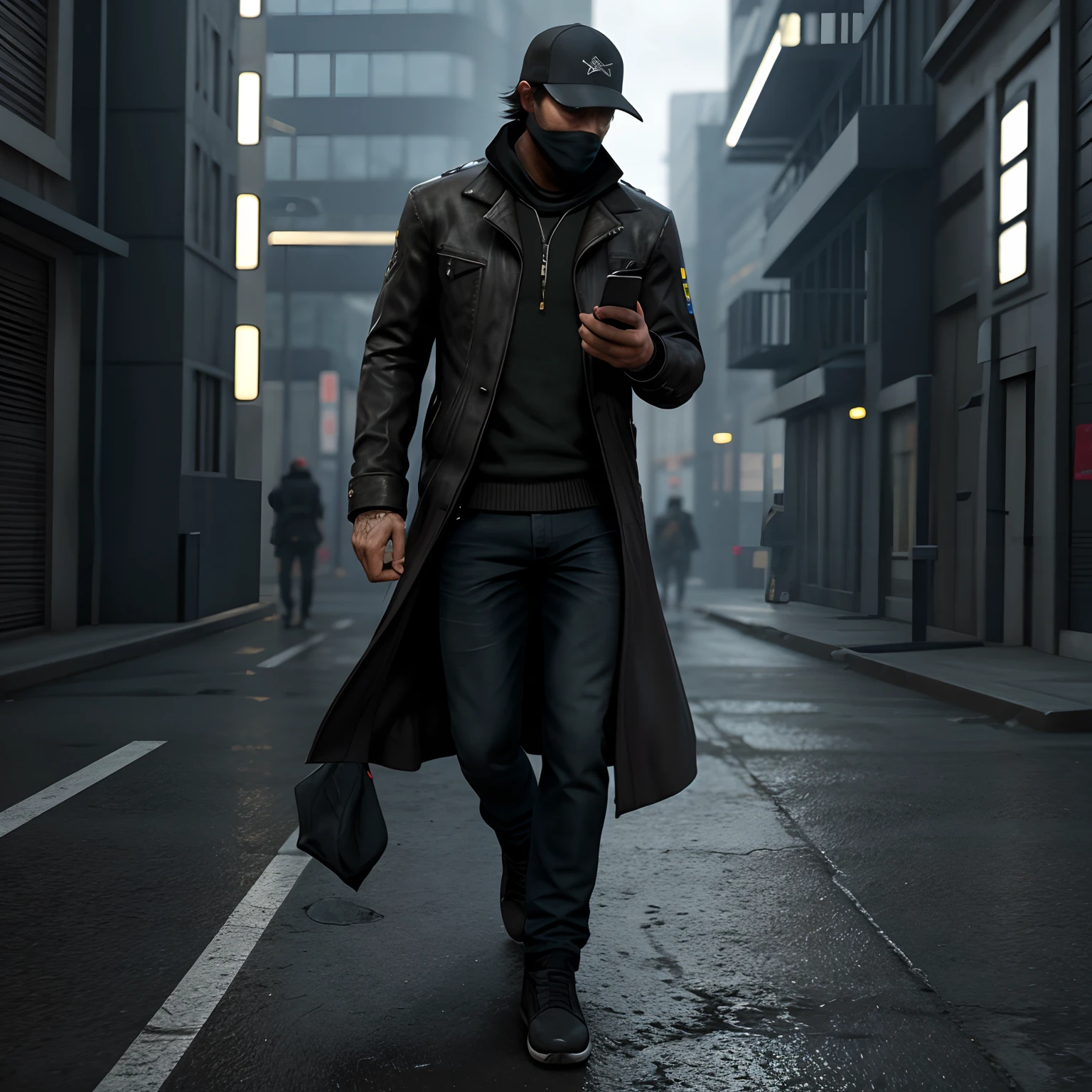 Crie uma foto de aiden pearce do jogo watch dogs, He's fiddling with his phone, Cinematographic photo, personagem do jogo, realista, 8k, detalhes realistas, rosto e roupas do aiden pearce, ubisoft watch dogs, trasfega, detalhado, rosto detalhado, roupa do aiden, sobretudo de detetive,