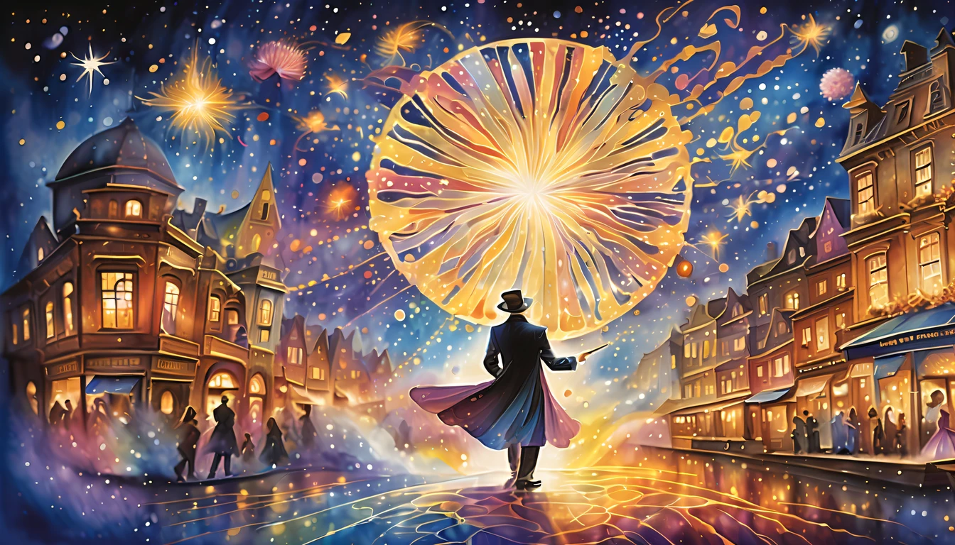 masterful magician conjures up a world of wonder, skilled magician weaves a spellbinding performance, stunning spectacle of stars and petals bursting forth, Witness the collaboration of fantasy and reality in a breathtaking display, stunning watercolor painting with a touch of warmth, lines between fantasy and reality blur in a mesmerizing mix of light and color, marvel at the intricate details and stylistic rendering,