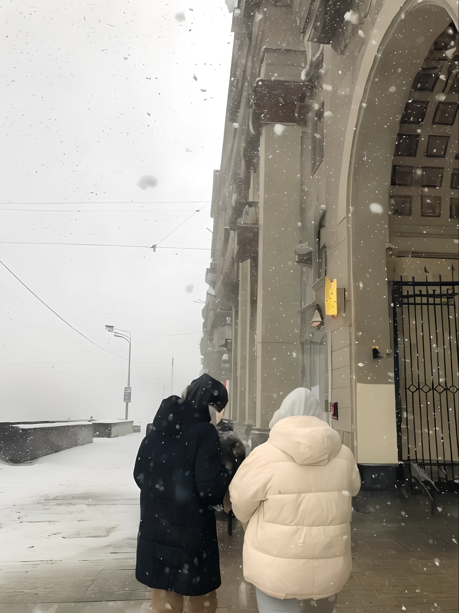 Two people were walking in the snow outside the building, It snows in the city，It snowed a lot, during snowfall, in moscow centre, Norilsk, snowstorm, neo norilsk, Moscow Street, in the middle of a snow storm, stormy snowy weather, snowing outside, in russia, snowing outside, in city street