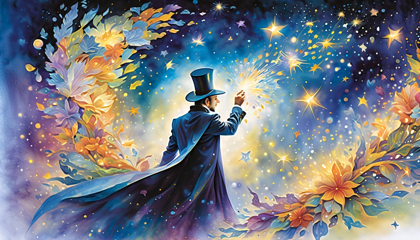 masterful magician conjures up a world of wonder, skilled magician weaves a spellbinding performance, stunning spectacle of stars and petals bursting forth,  Witness the collaboration of fantasy and reality in a breathtaking display, stunning watercolor painting with a touch of warmth, lines between fantasy and reality blur in a mesmerizing mix of light and color, marvel at the intricate details and stylistic rendering,